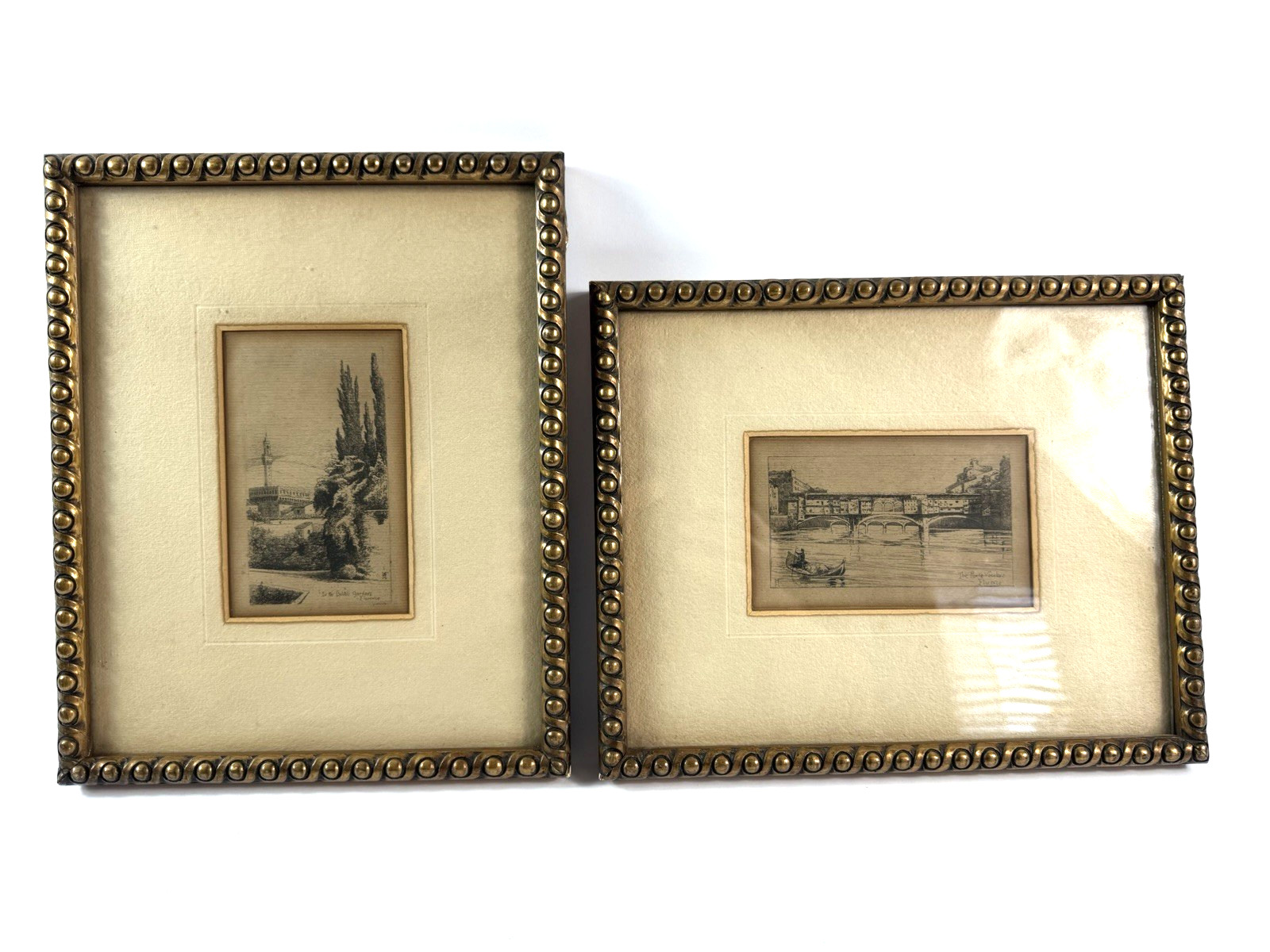Pair Vintage Original Etchings Florence Italy Ponte Vecchio Signed Italian Art