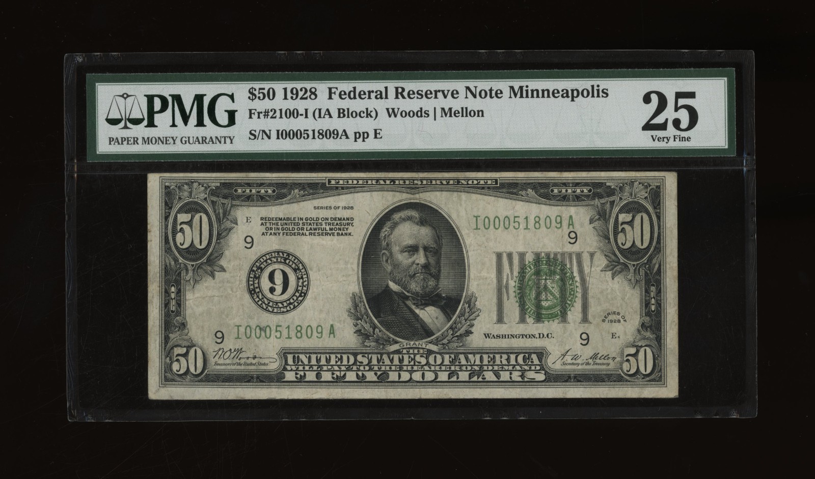 DBR 1928 $50 scarce Minneapolis Numeral Fr. 2100-I PMG 25 Serial I00051809A