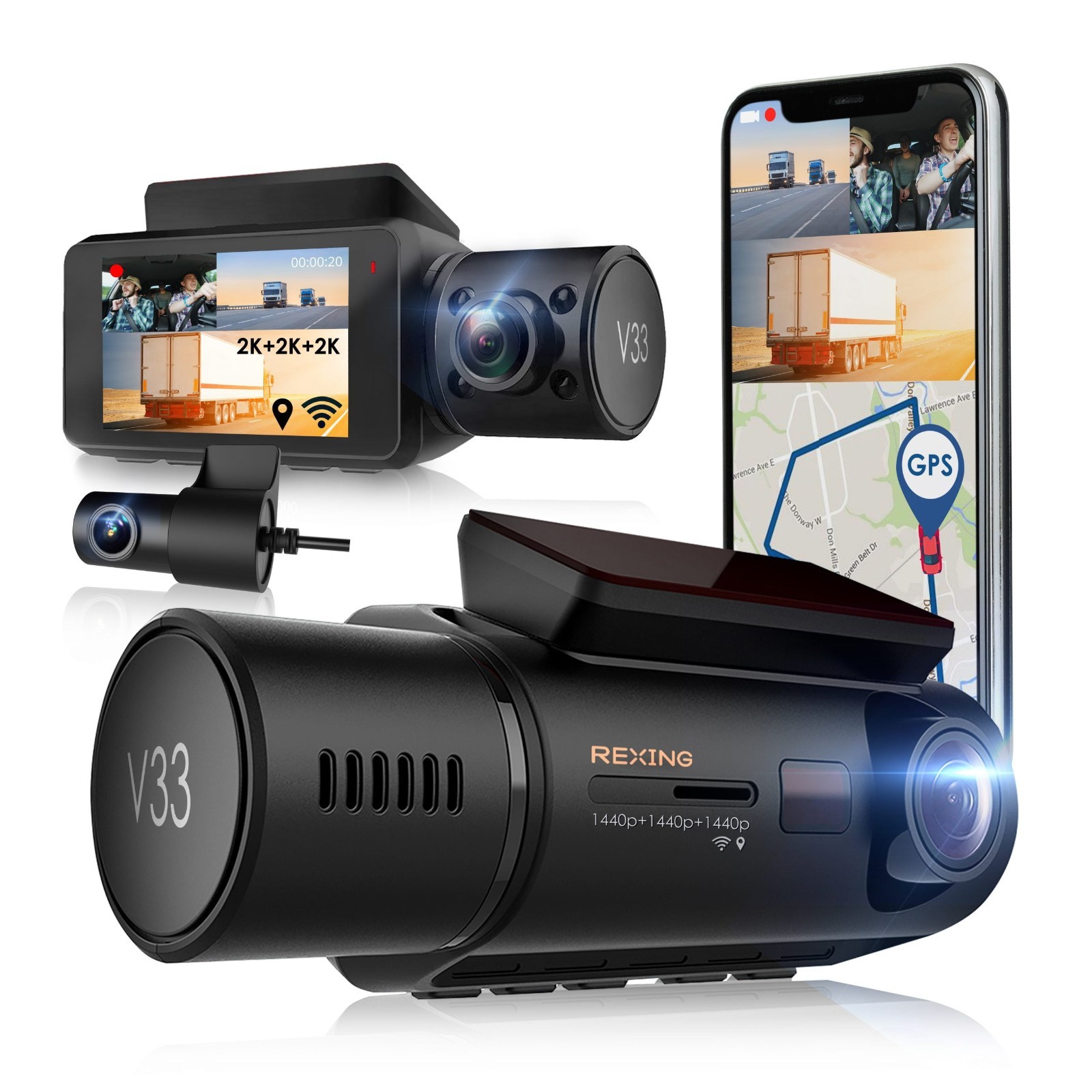 Rexing V33 3 Channel 1440p Dashcam, Front Cabin & Rear Camera, GPS, Parking Mode