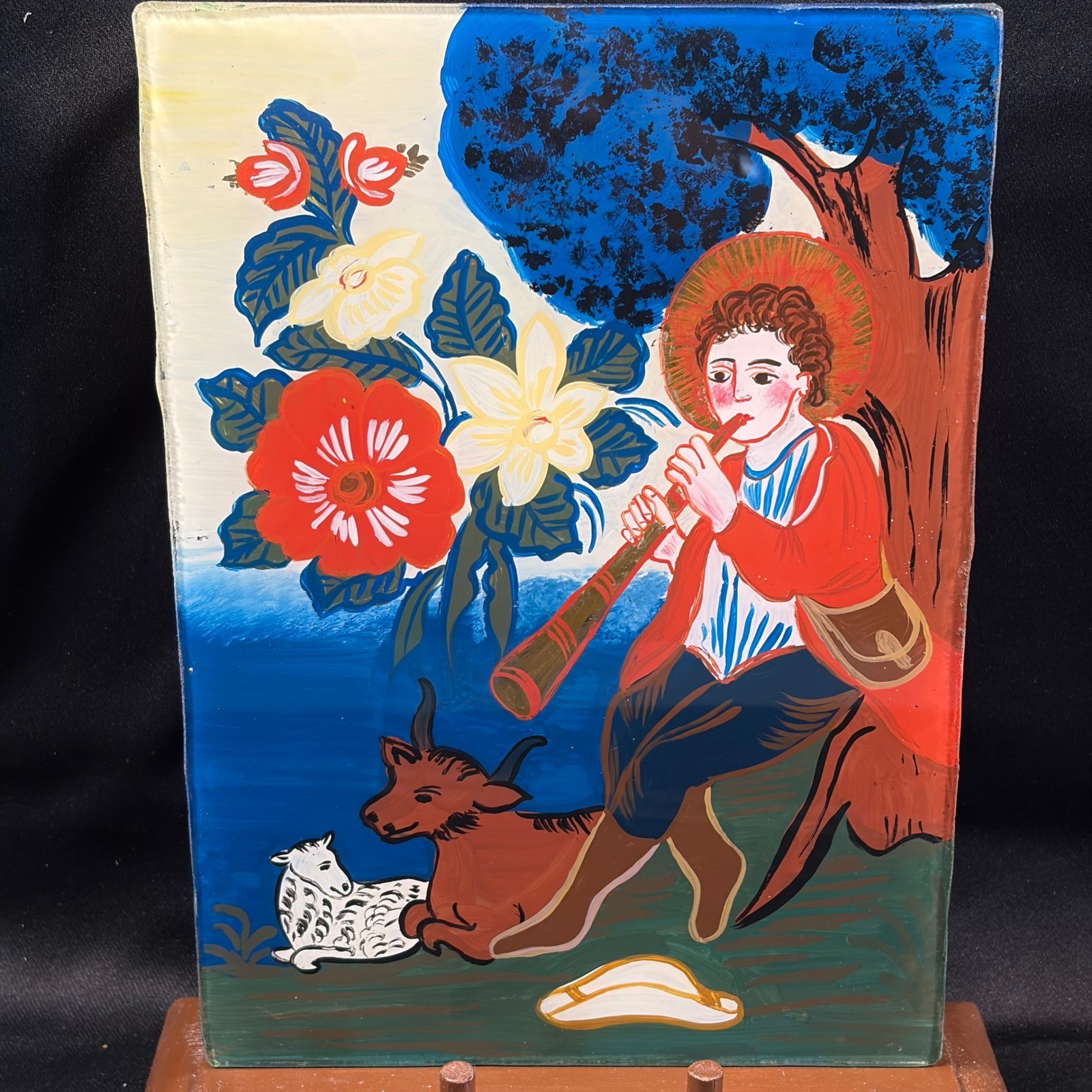 Antique St Wendelin Patron of Shepherds Folk Art Reverse Glass Painting 8x5
