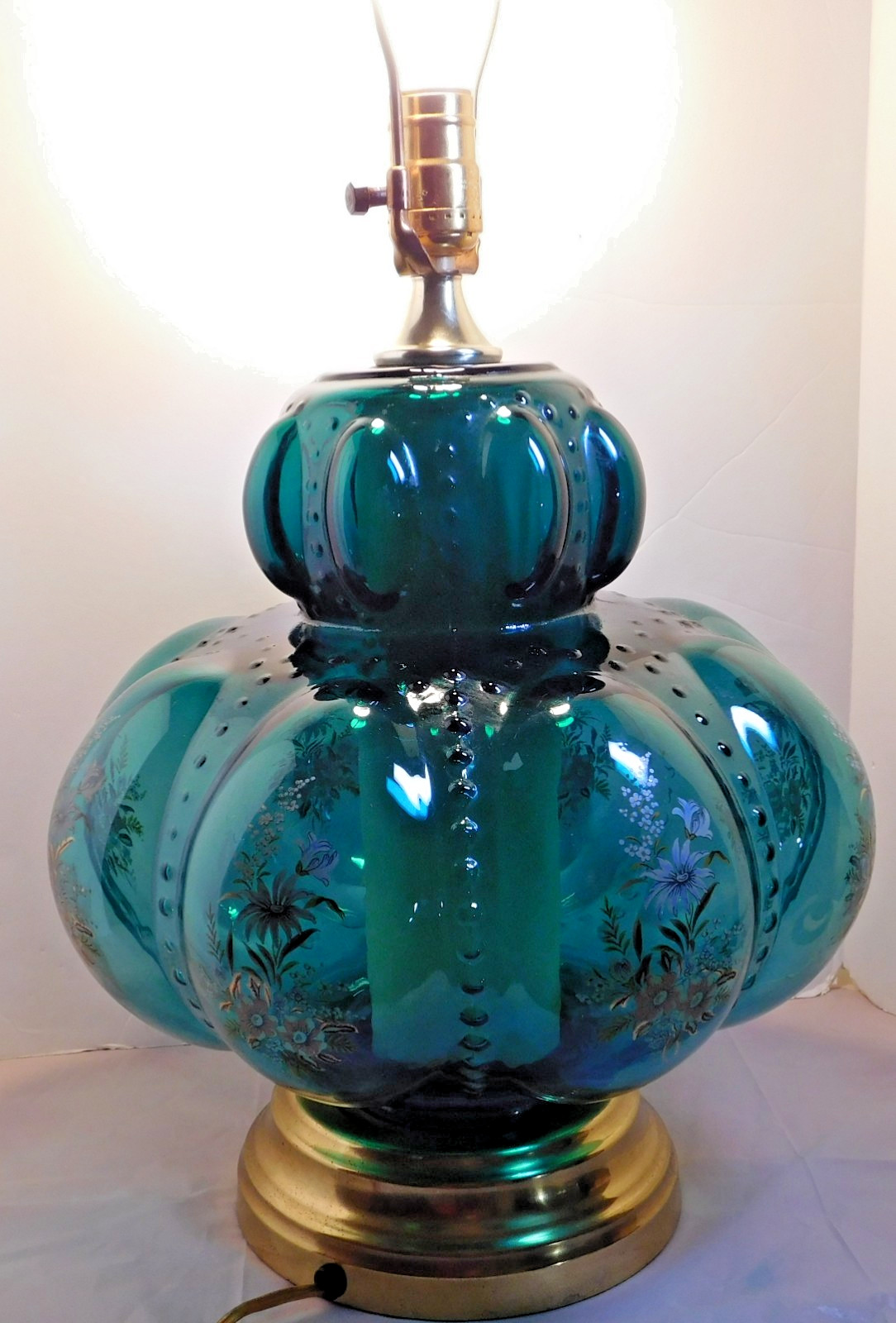 Vintage MCM Carl Falkenstein Green Teal Bubble Glass Table Lamp Flowers 12