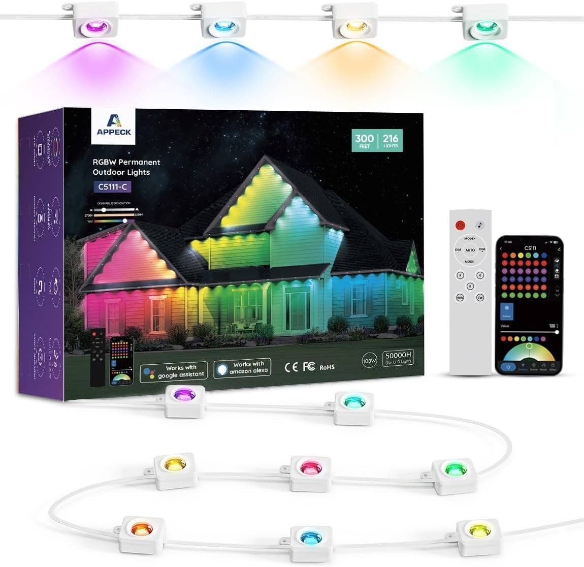 APPECK RGBW Permanent Outdoor Lights 300ft, 40ML, with 216 LED Bulbs, White