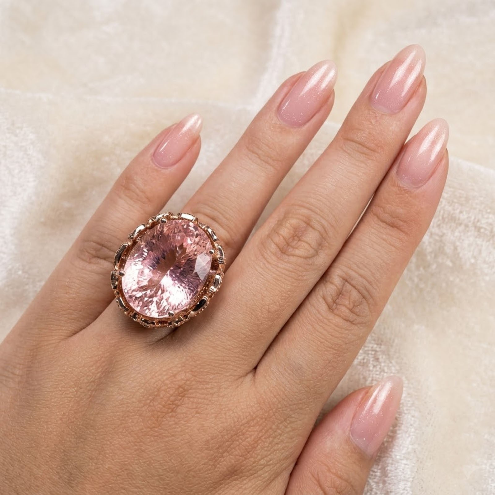 Estate Rose Pink Tourmaline Concave 50.70Ct 925 Sterling Silver Rose Gold Rings