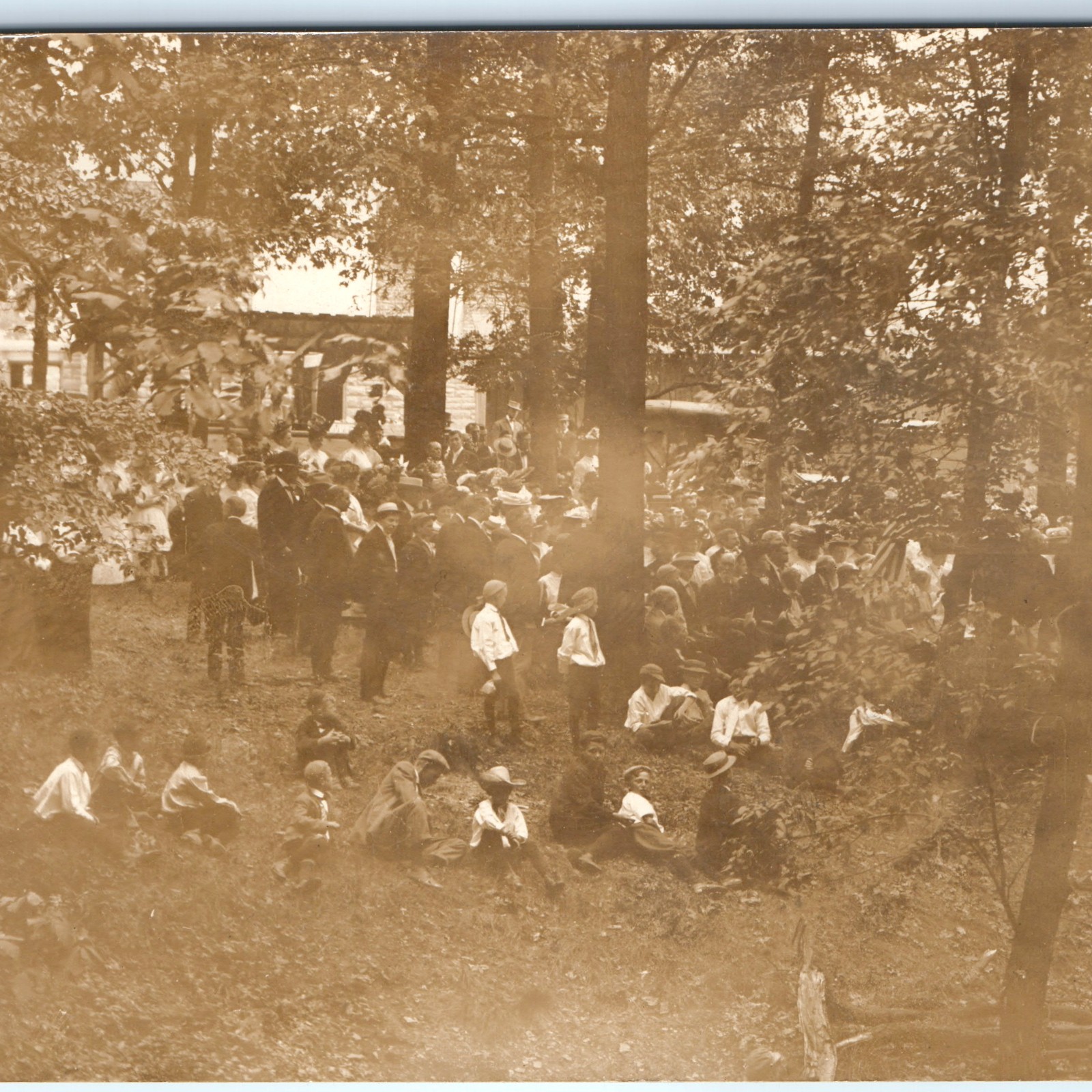 c1910s Large Community Picnic Woods RPPC Postcard Pergola Boater Hats Kids Flag c1910s Large Community Picnic Woods RPPC Postcard Pergola Boater Hats Kids Flag