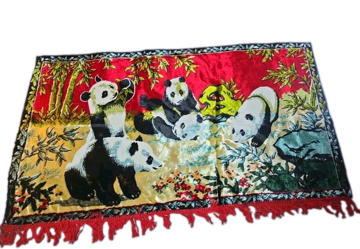 VTG Swan Velveteen Tapestry Panda Bears Wall Hanging Rug 38x21 China 70s Fringe