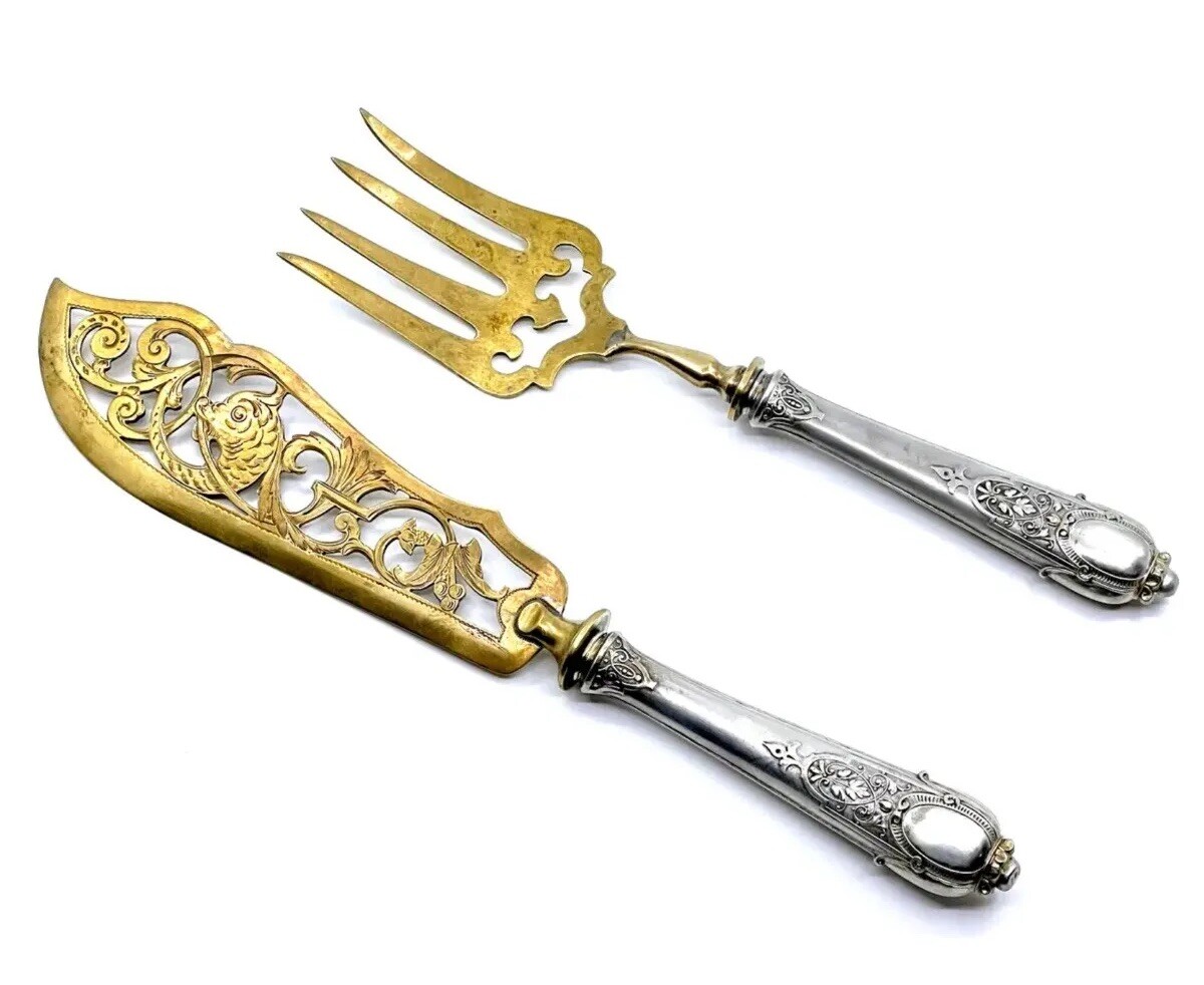 Rare Antq Ornate Carved Fish Dining Serving Set Silver Gilt Cutlery Victorian