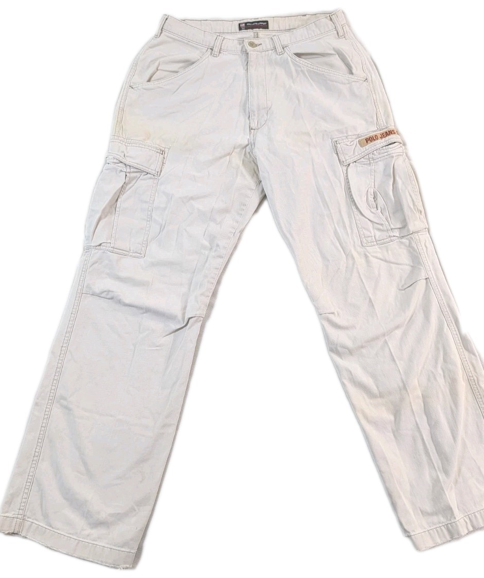 Vtg \'90\'s Polo Ralph Lauren Freighter Cargo Pants Men\'s Sz 31x32 Beige Wide Leg