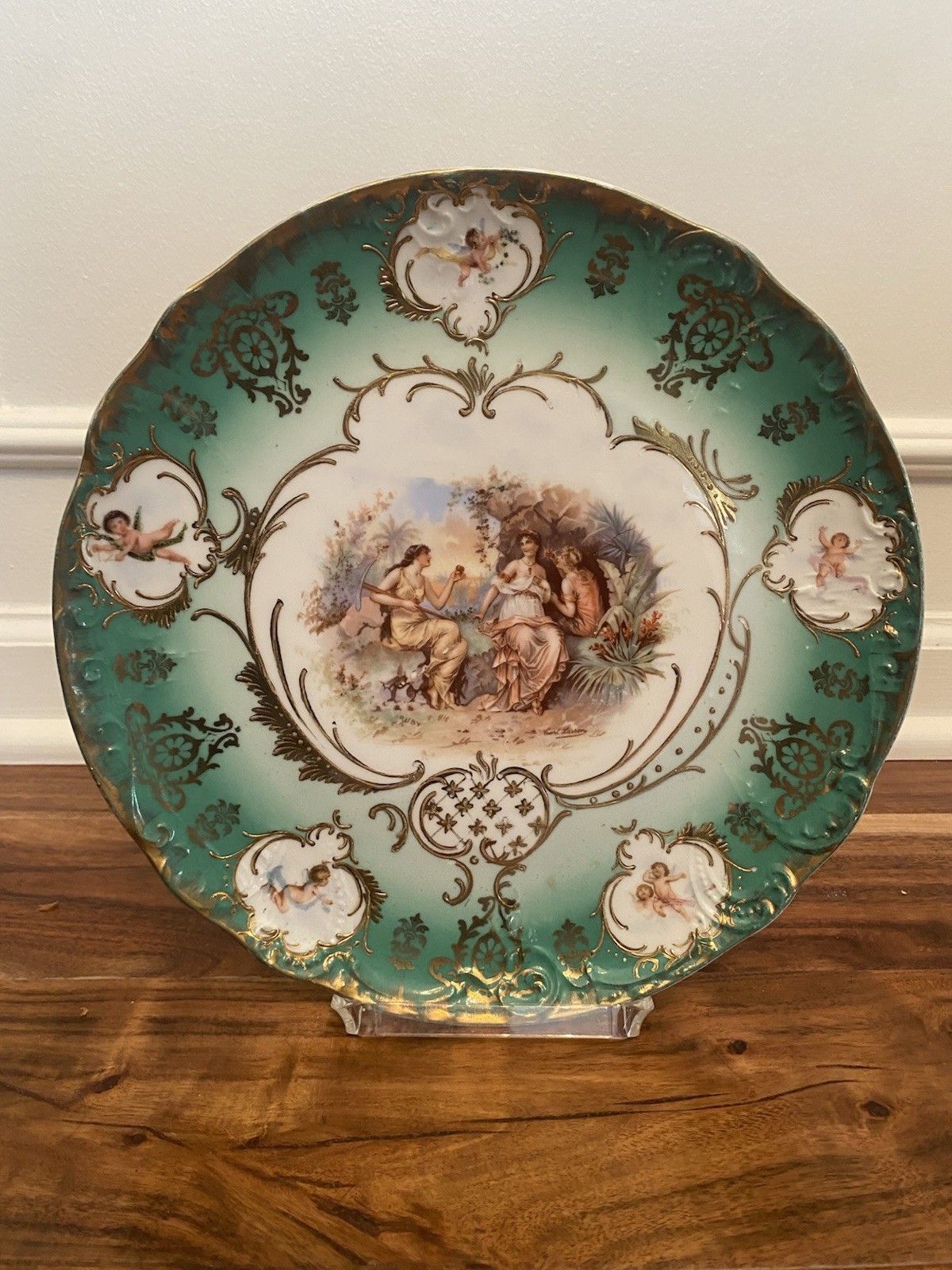 Antique Austrian Cabinet Plate: Watteau Scene, Raised Gold - Signed 11”