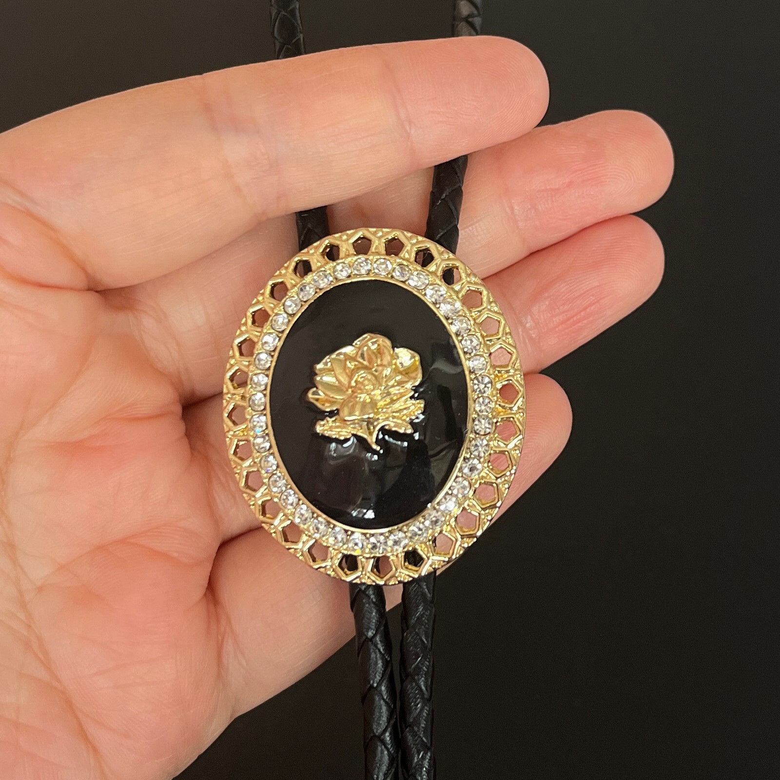 Vintage Rose & Enamel Black Bolo Tie Western Real Leather Rope Wedding Necklace