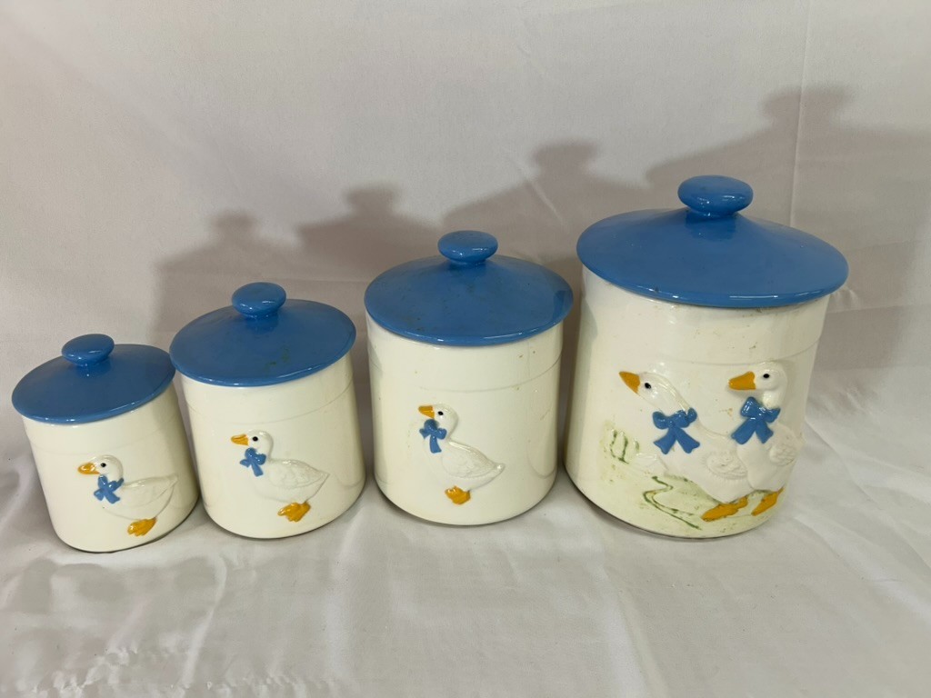 Vintage 1980s Ceramic Goose Canister Set of 4 Blue Lids Country Kitchen