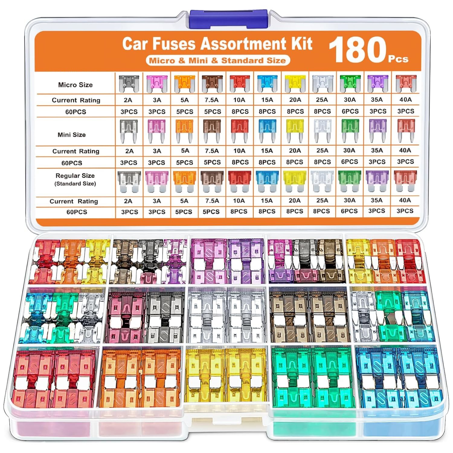 180PCS Car Fuse Assortment Kit Mini Standard Micro Blade Fuses with Puller