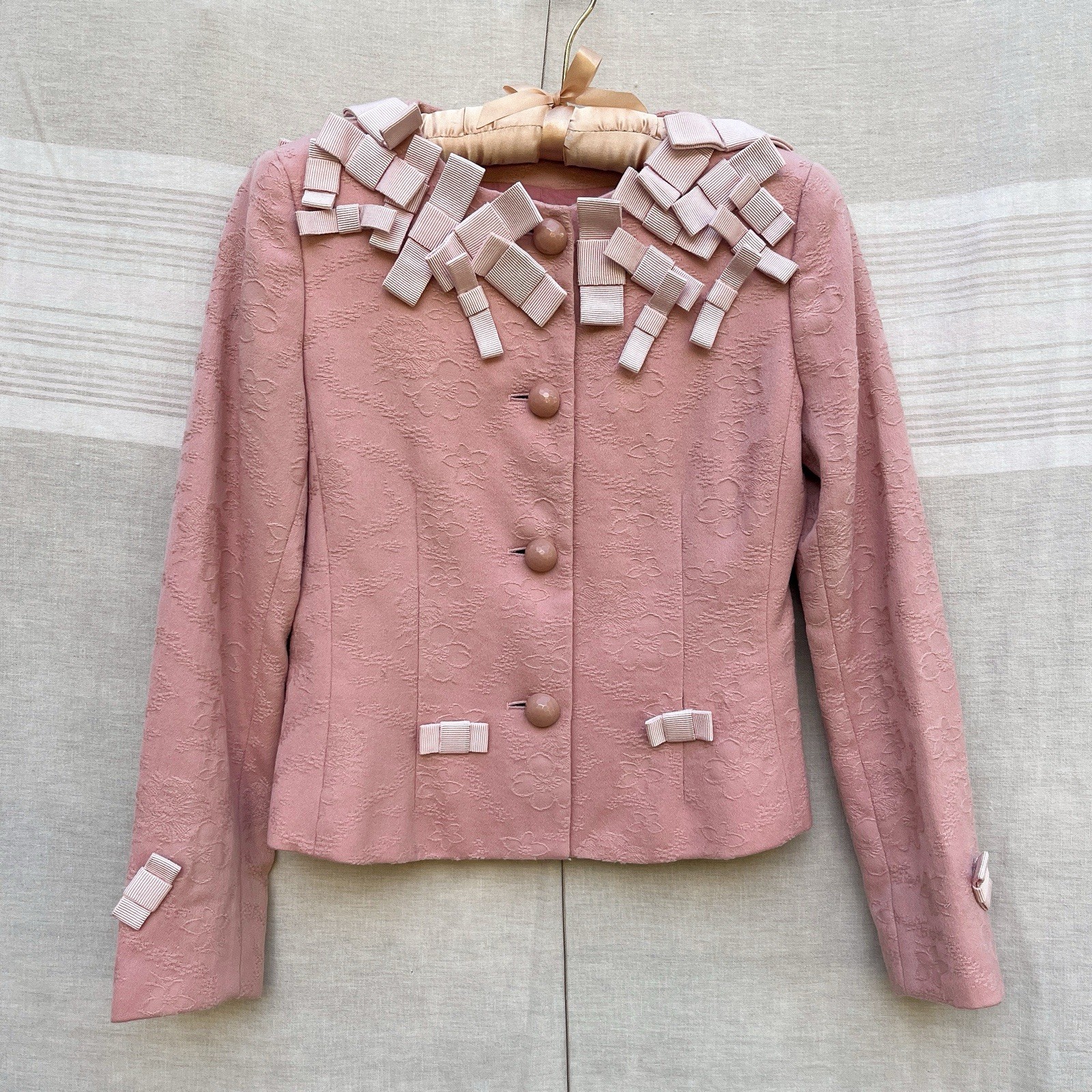 Vintage 90s Moschino Cheap and Chic Blush Pink Bow Ribbon Trim Wool Suit Jacket Vintage 90s Moschino Cheap and Chic Blush Pink Bow Ribbon Trim Wool Suit Jacket