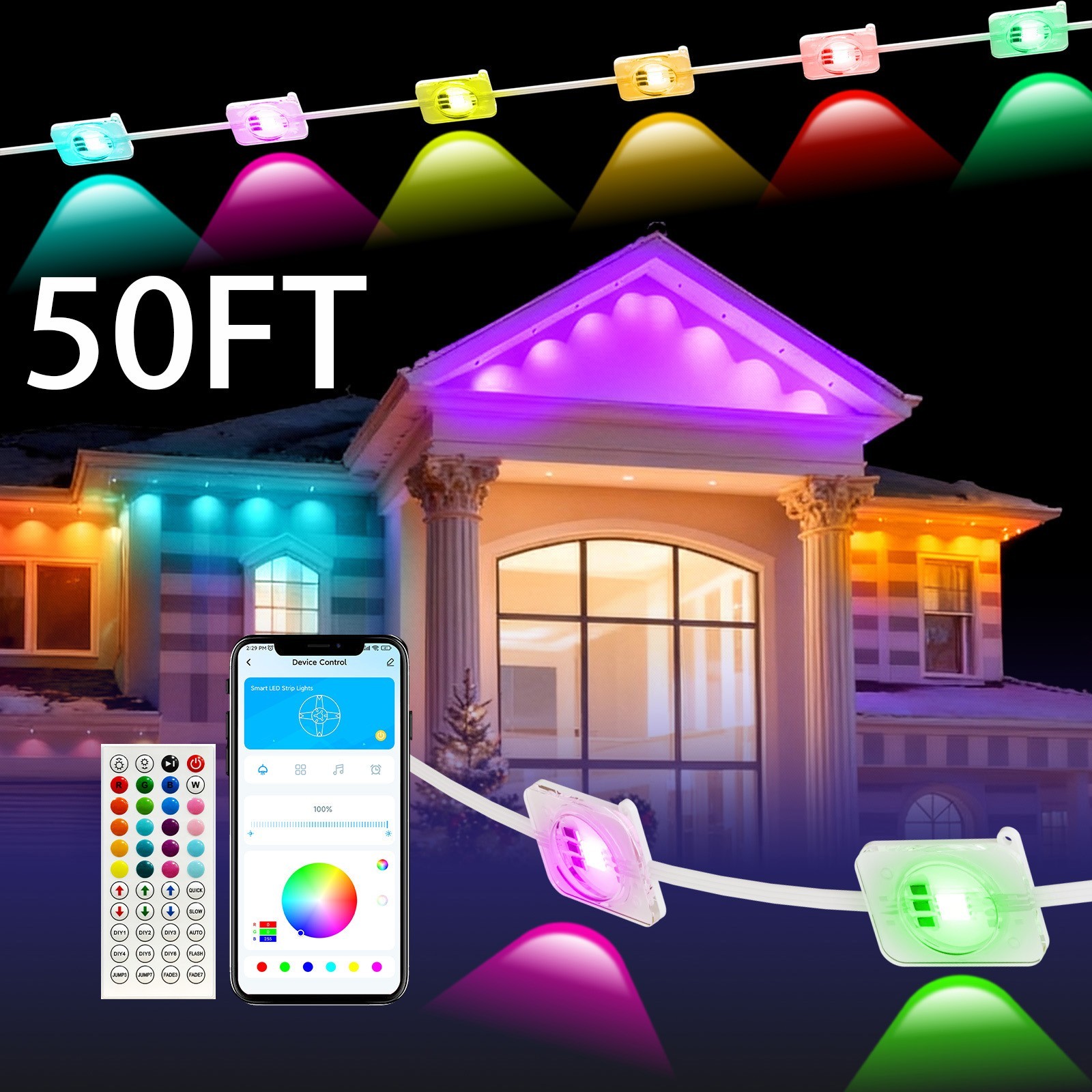 300ft Permanent Outdoor Lights  IP67, Smart RGB+IC Eaves LED Lights with App