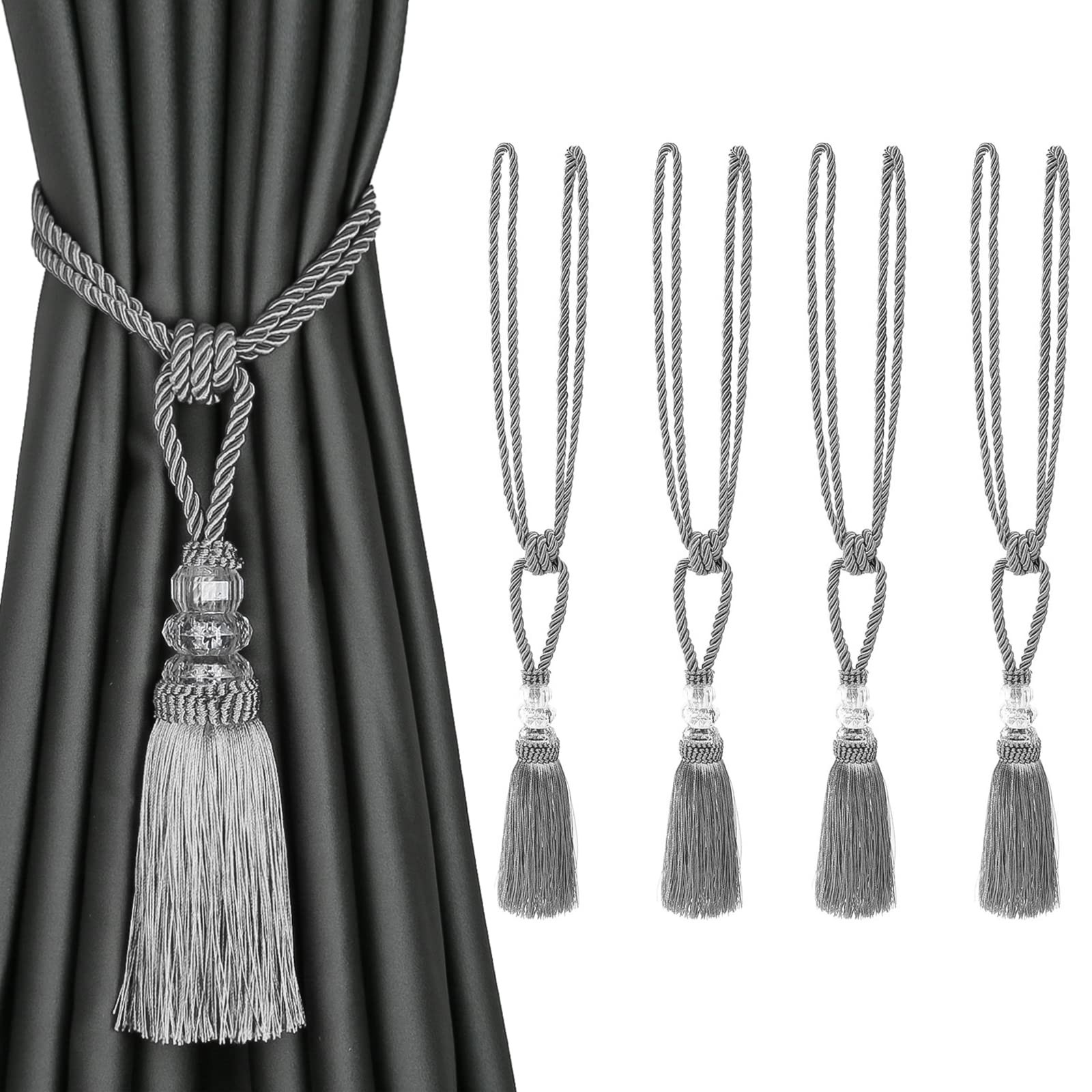 BEL AVENIR 4 PACK CURTAIN HAND WOVEN TIEBACKS CRYSTAL HOLDBACKS - SILVER