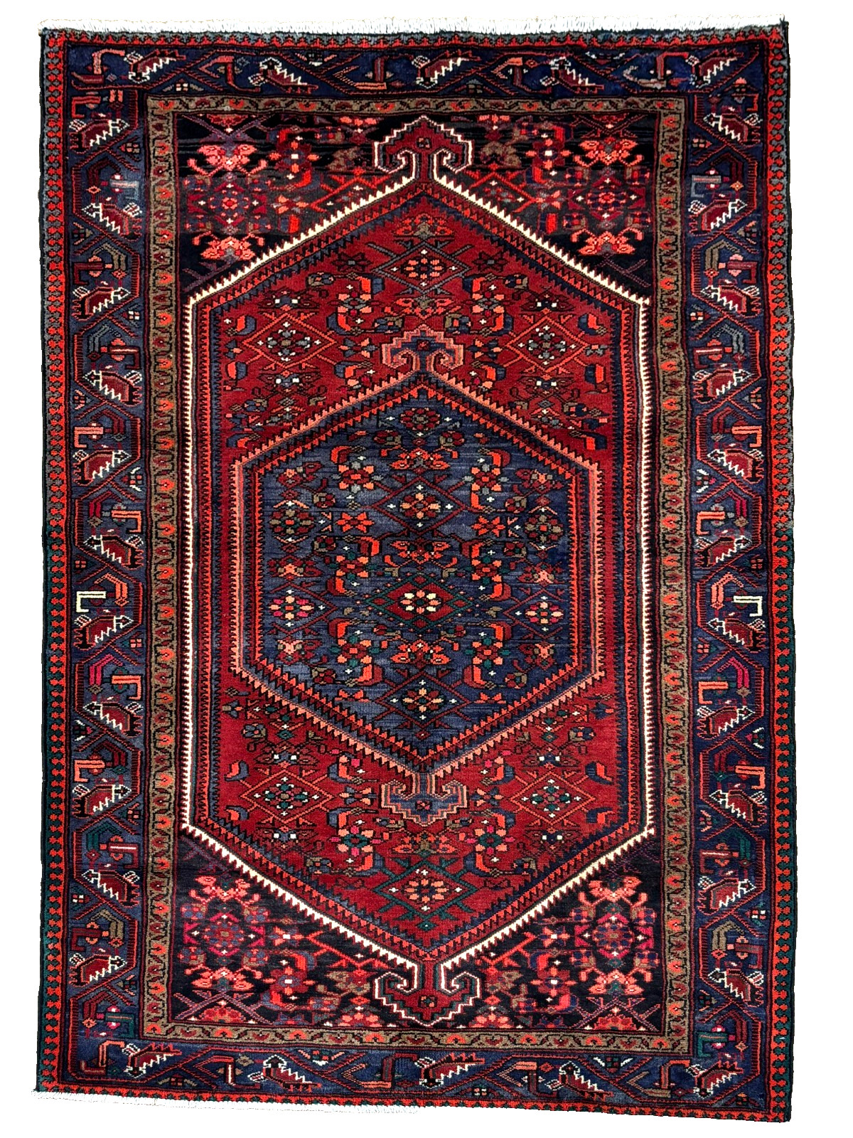 Vintage Zanjan 4x7 Tribal Geometric Hand Knotted Wool Rug Red Blue Oriental Boho