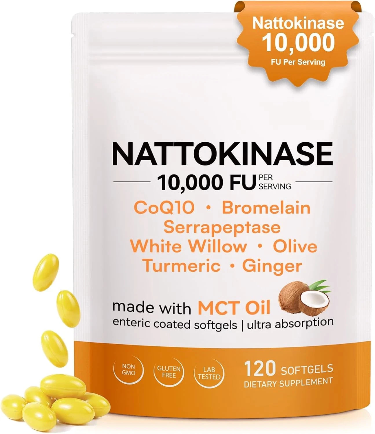 Nattokinase 10,000 FU with MCT Oil, 120 Enteric Coated Softgels | Triple Enzyme