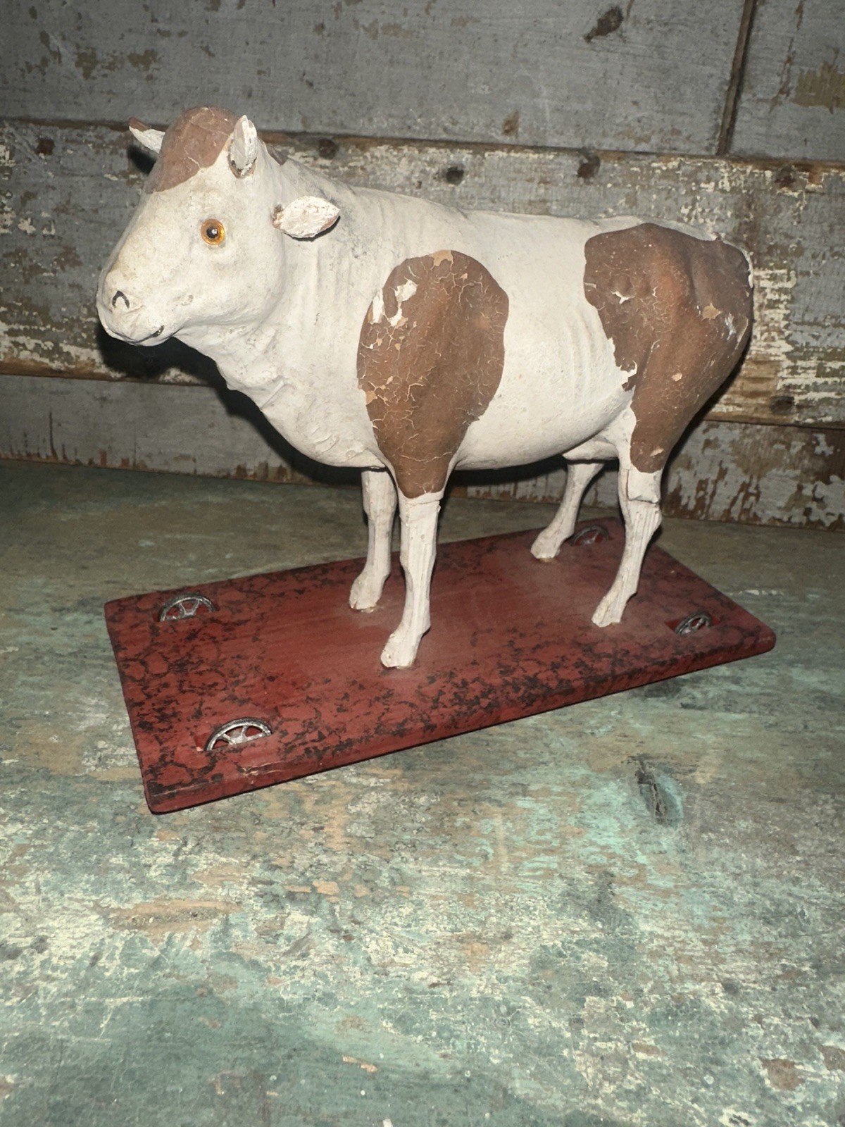 Antique German Paper Mache Cow Platform Toy On Wheels