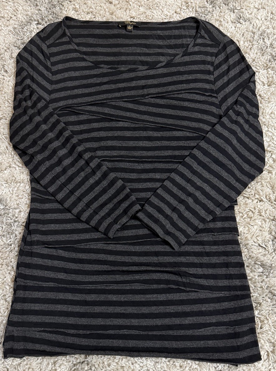 Cupio Womens L Black Gray Striped 3/4 Long Sleeve Top Super Soft Crossover Knit Cupio Womens L Black Gray Striped 3/4 Long Sleeve Top Super Soft Crossover Knit