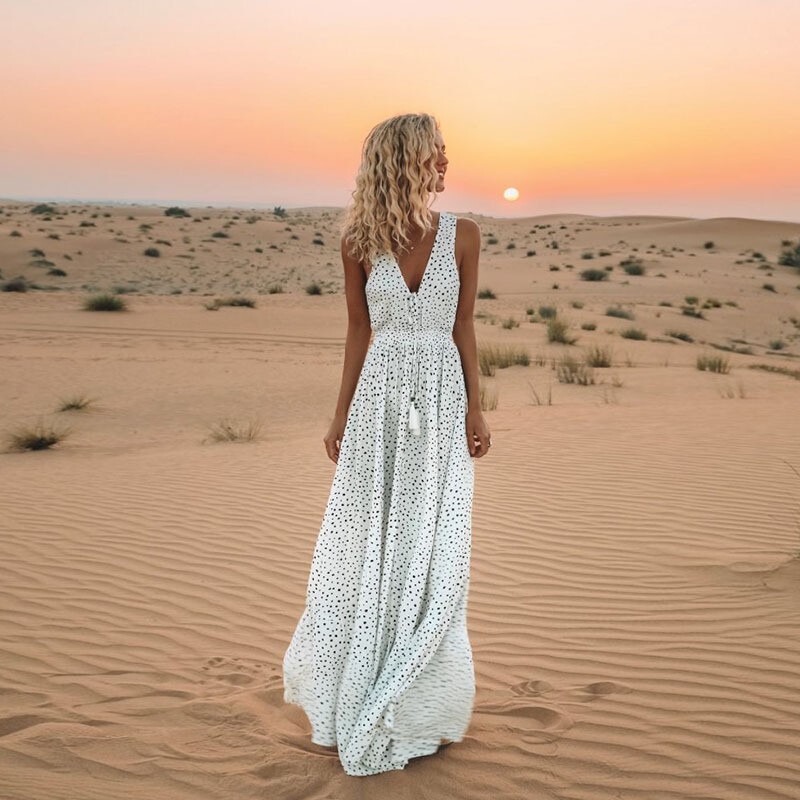 Women Sleeveless Polka Dots Boho Maxi Dress Cocktail Party Summer Beach Sundress