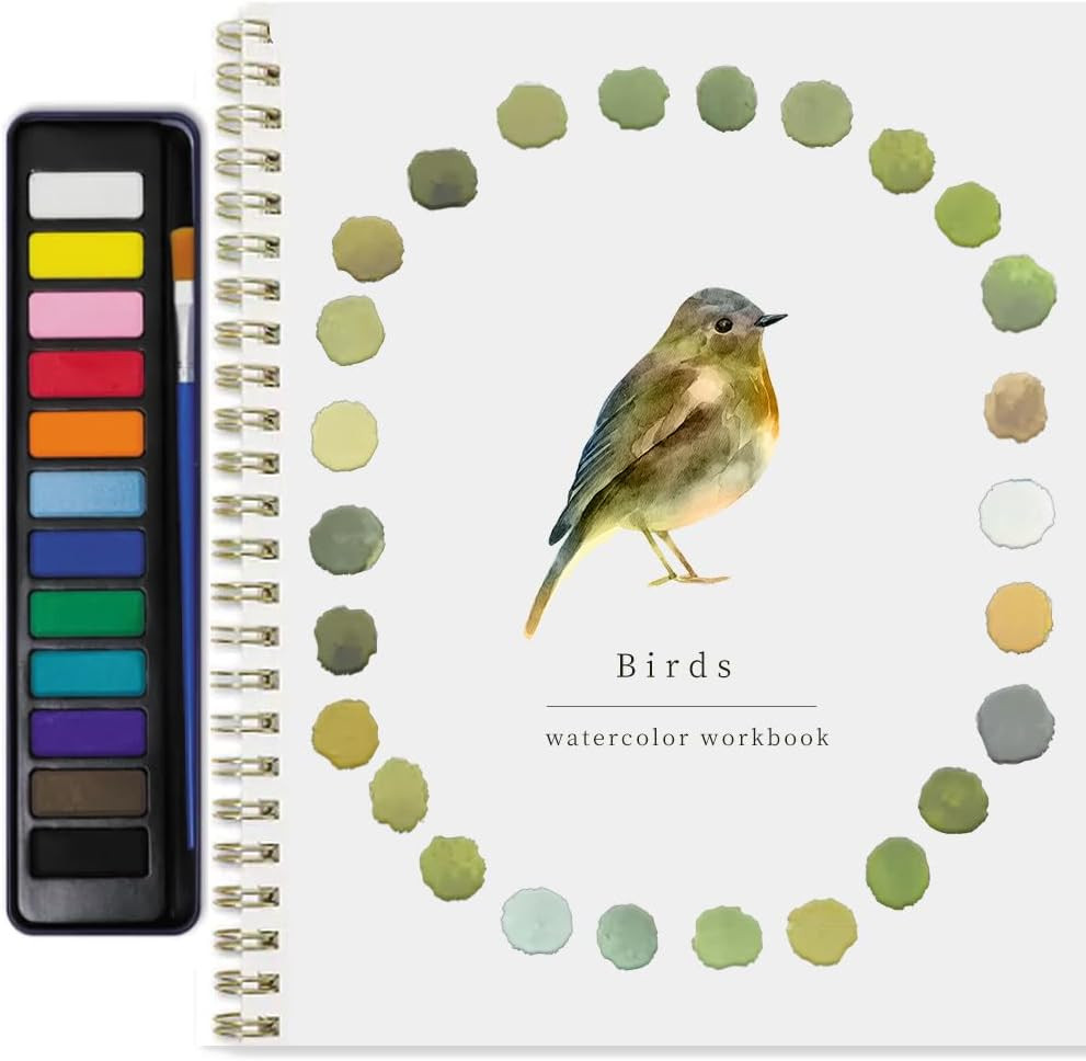 Watercolor Workbook for Adults & Beginners: 12-Color Set with Brush (Birds1)