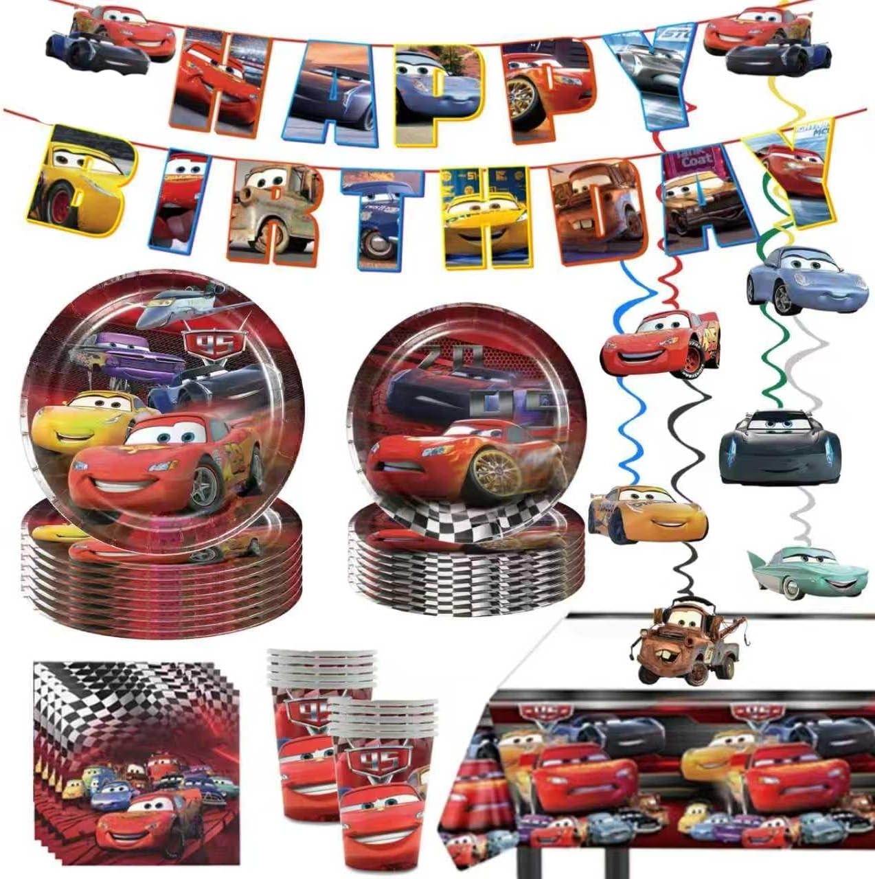 88 PCS Cars Birthday Party Supplies Set Plates Cups Utensils Napkins Tablecloth 88 PCS Cars Birthday Party Supplies Set Plates Cups Utensils Napkins Tablecloth