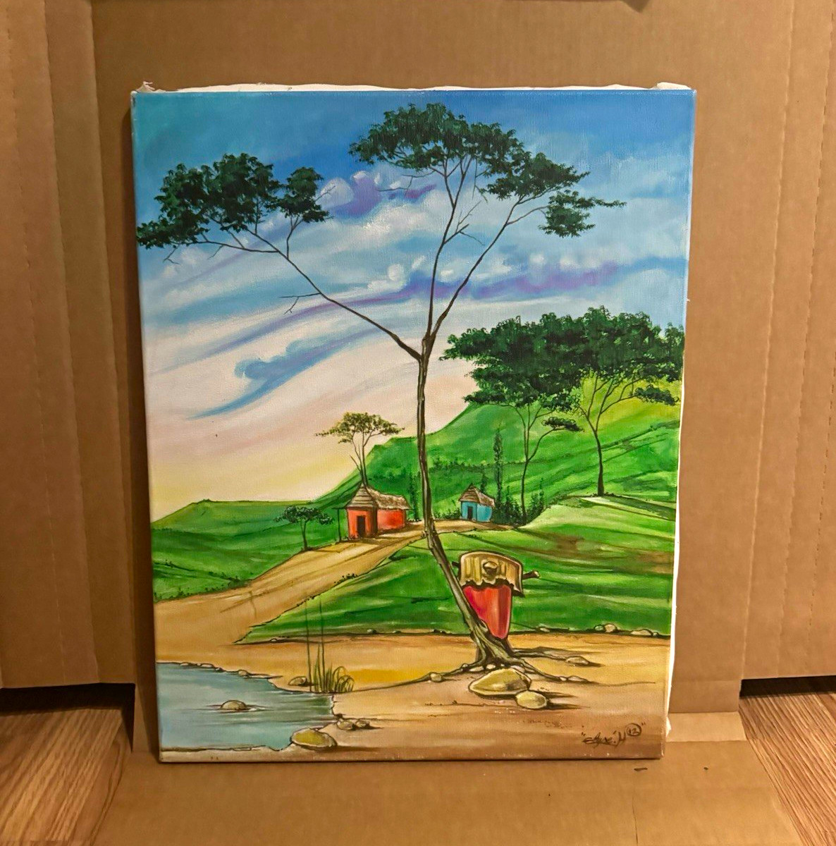 Signed Folk Art Landscape Canvas Painting - Trees Hills Houses River Unframed