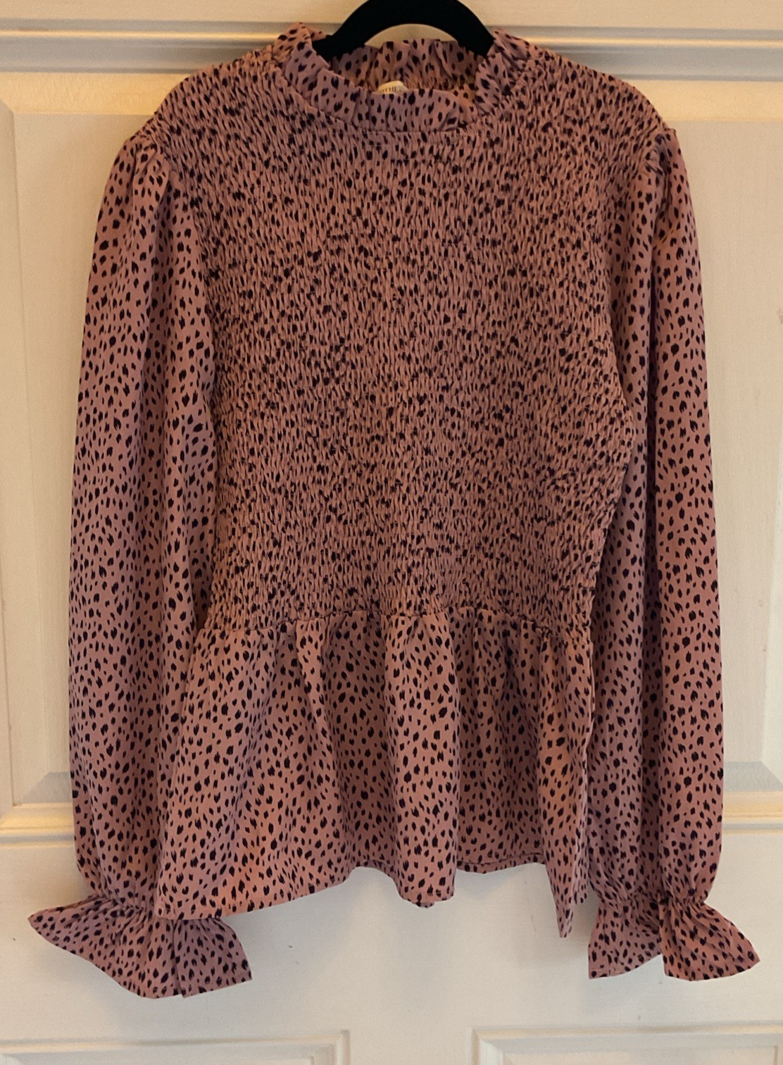 AndTheWhy Women’s L Pink Smocked Peplum Blouse Boutique Ruffle Crewcollar & Cuff