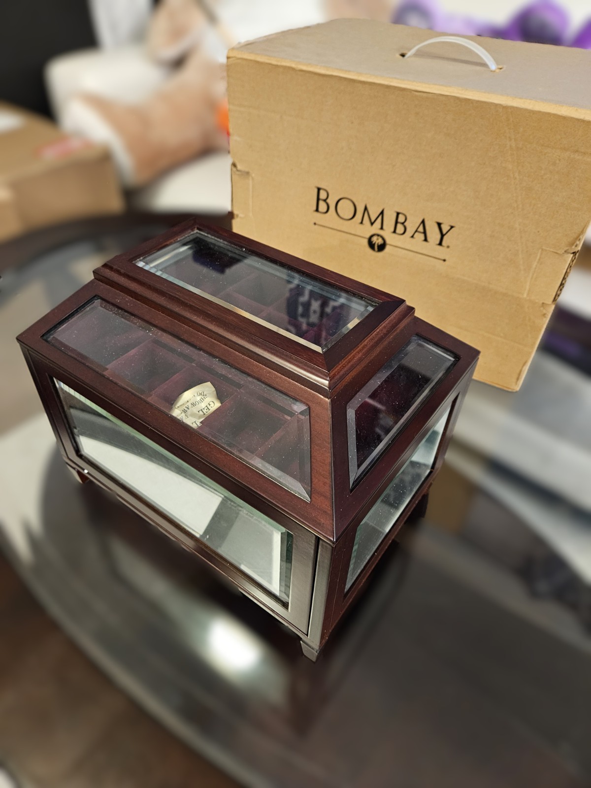 VINTAGE BOMBAY COMPANY JEWELRY BOX MAHOGANY MITERED BEVELED GLASS MIRROR NIB RAR