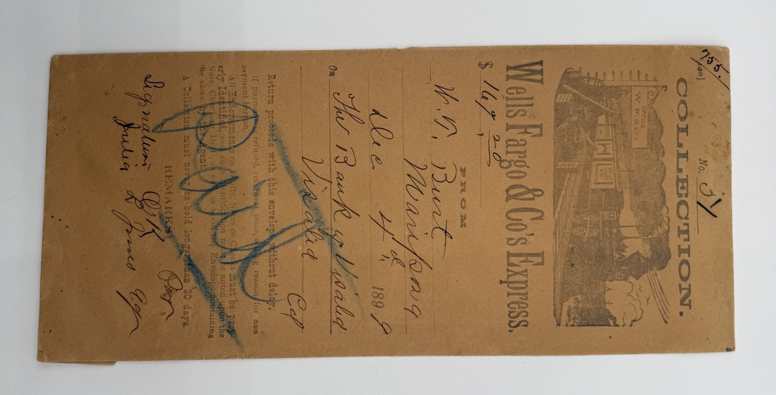 1899 Wells Fargo Express Collection Envelope Mariposa CA to Bank of Visalia GC19