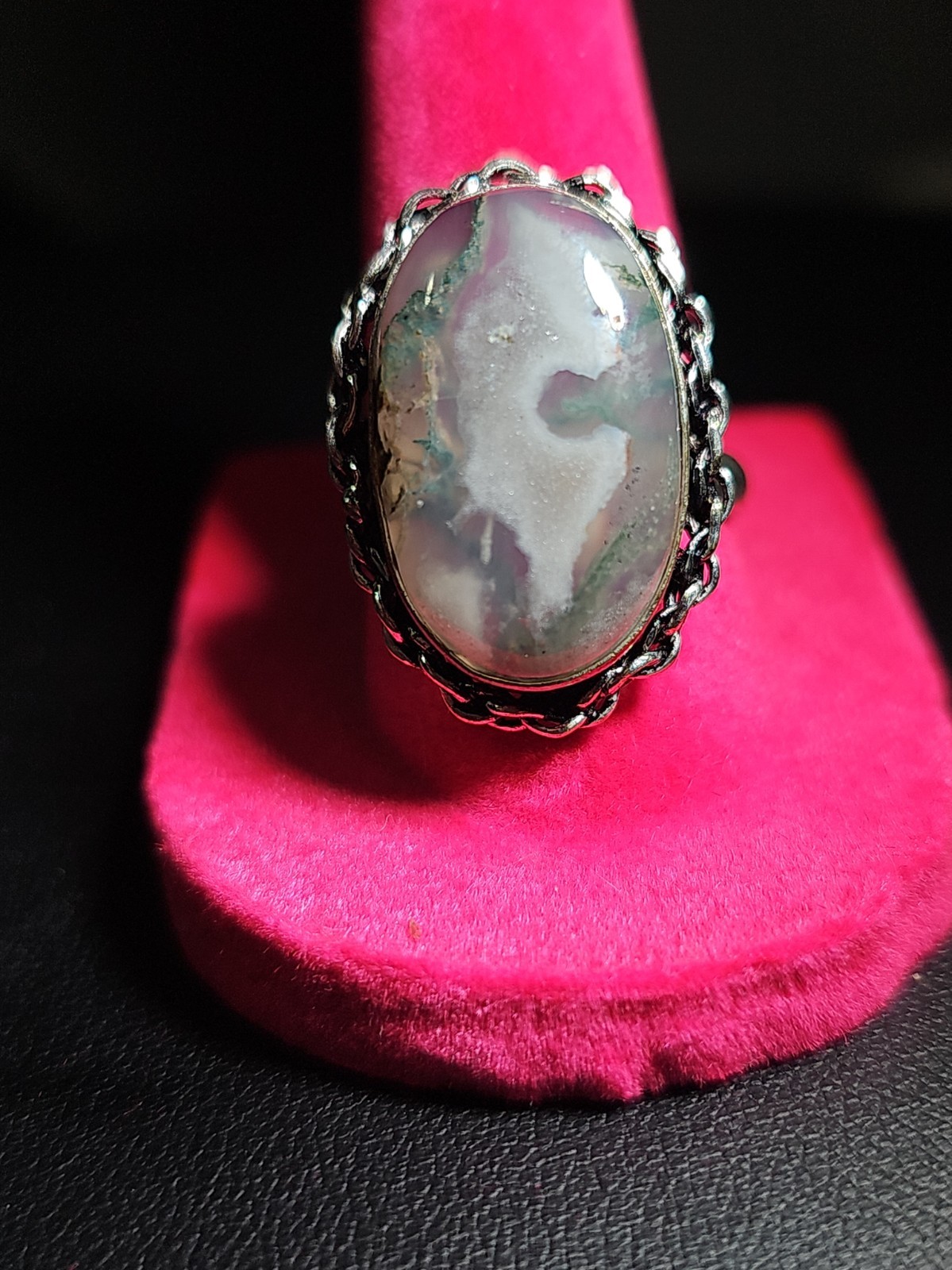 Large Sterling Silver Plated Natural Moss Agate Oval Ring Large Sterling Silver Plated Natural Moss Agate Oval Ring