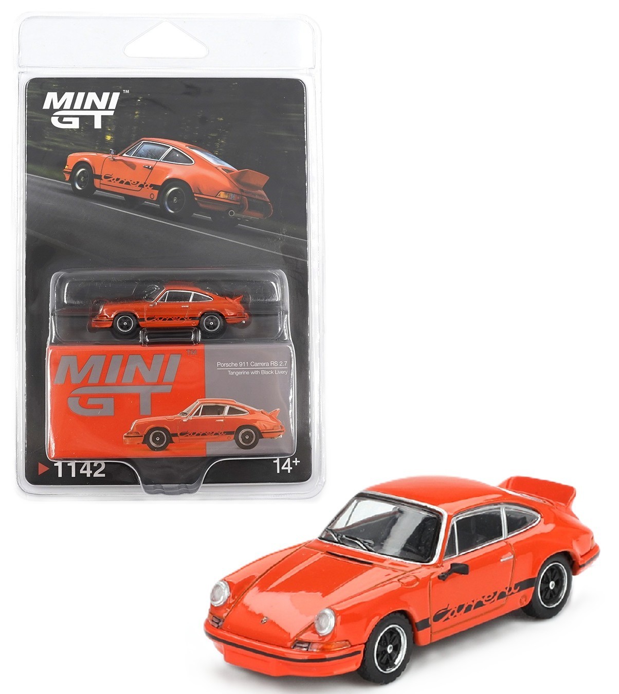 Mini GT 1:64 Porsche 911 Carrera RS 2.7 Tangerine with Black Livery MGT01142