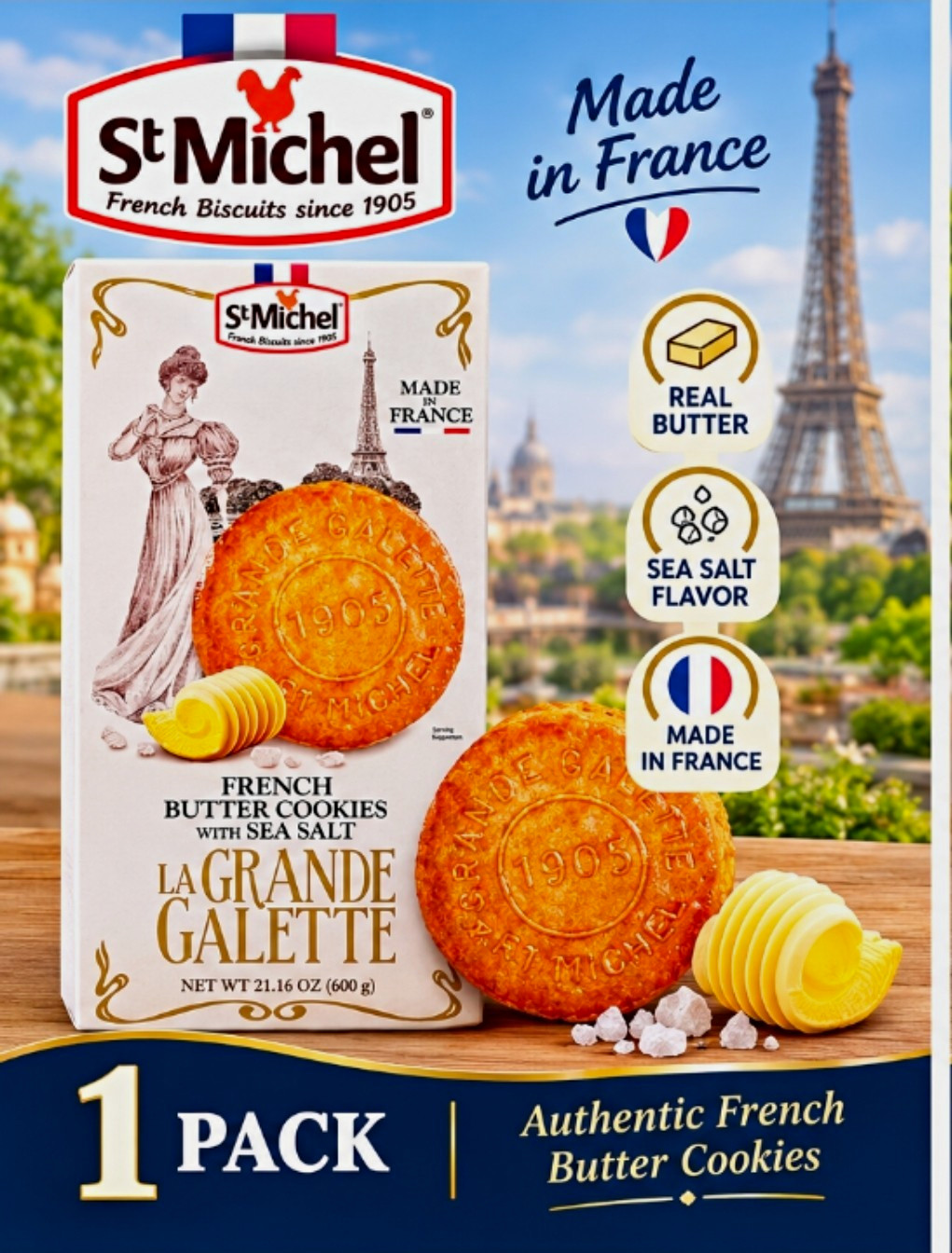 St Michel La Grande Galette Butter Cookies, Sea Salt, Box, 600 g, 1 Pack St Michel La Grande Galette Butter Cookies, Sea Salt, Box, 600 g, 1 Pack