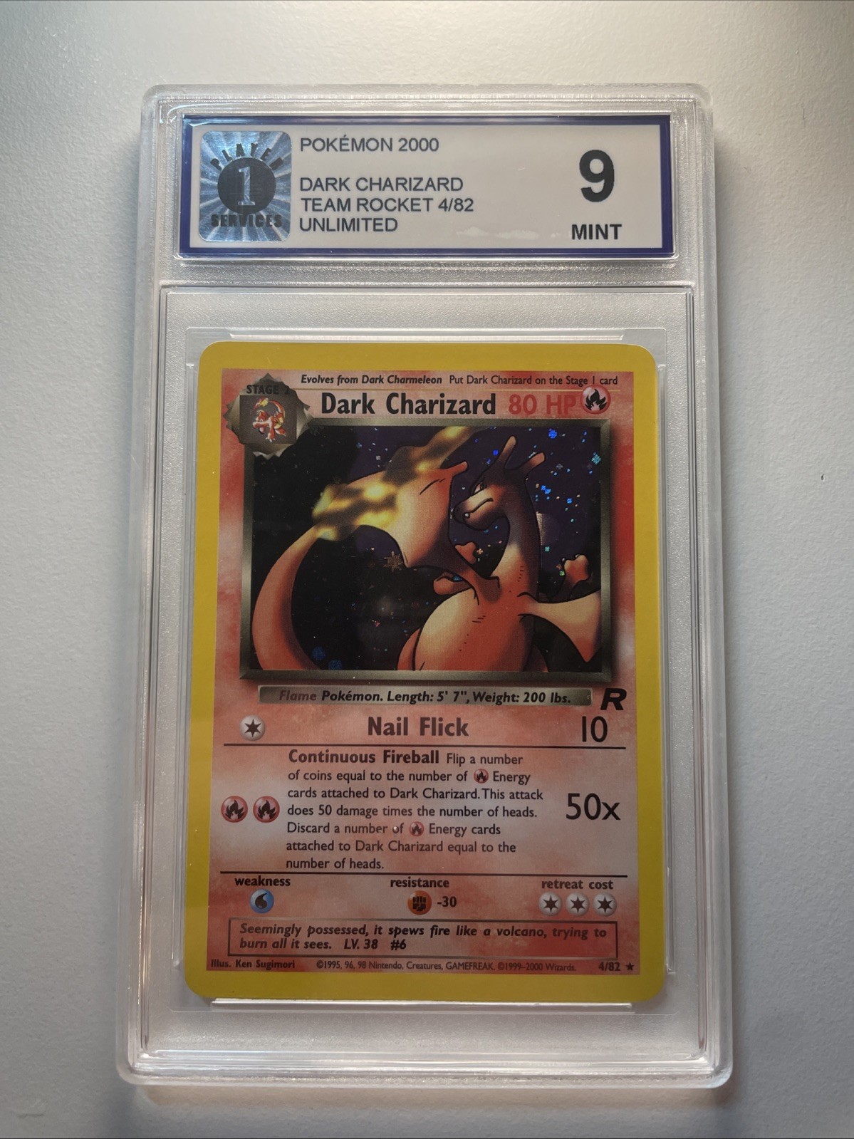 2000 POKEMON ROCKET #4 DARK CHARIZARD-HOLO PS 9