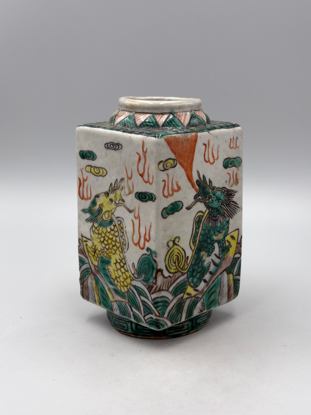 Antique 19th c. Late Qing Chinese Wucai Square Vase Dragon Pattern 5 3/4\'\'