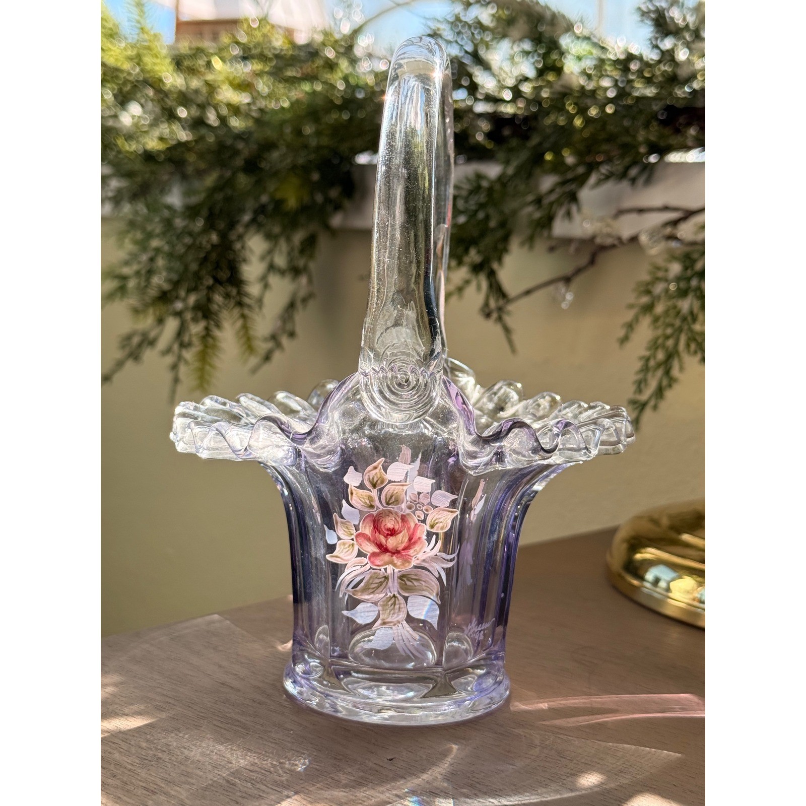 Fenton Glass Basket vintage 1991 Purple Excellent Hand Painted Floral Ruffled