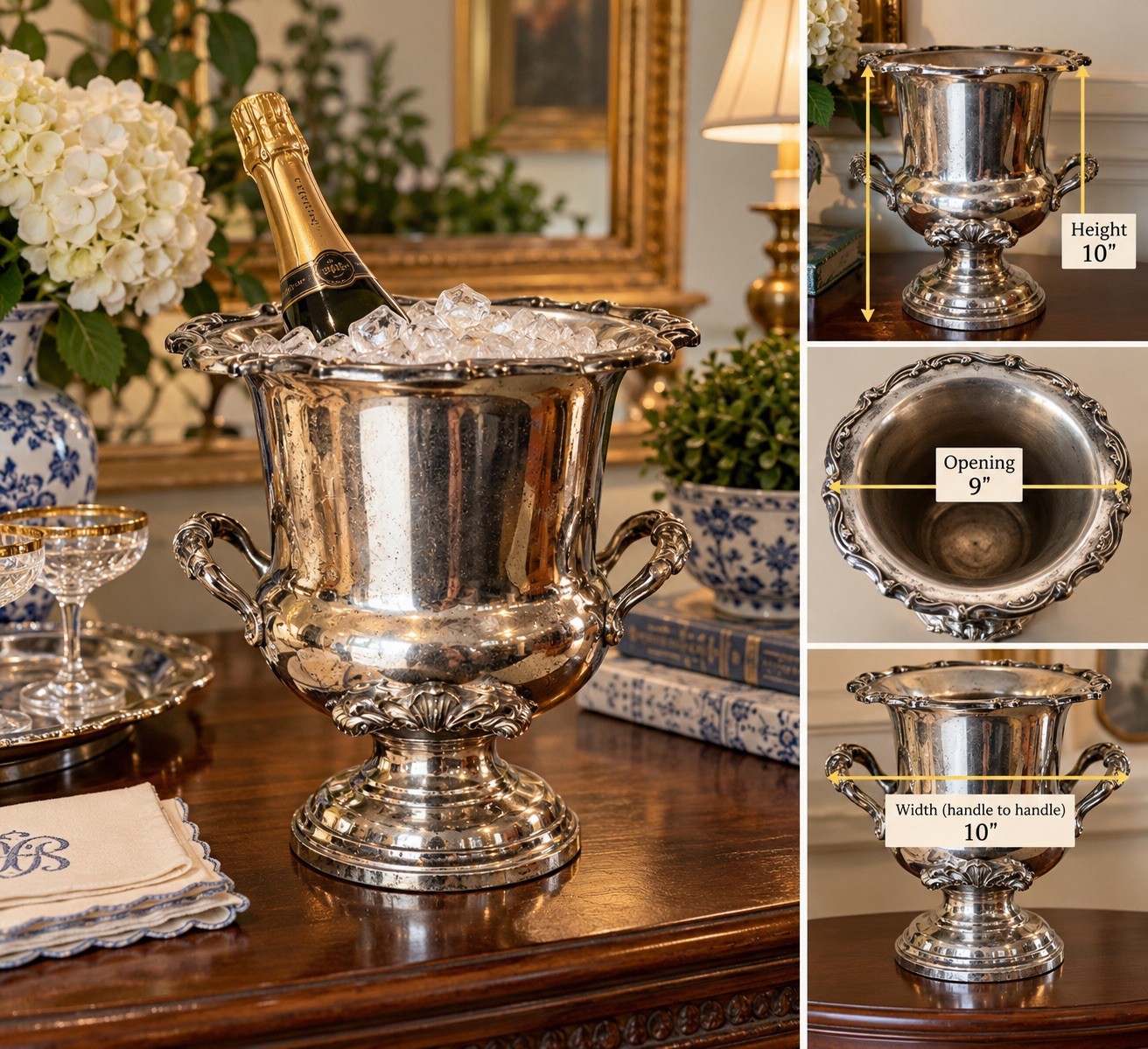 Vintage Silverplate Champagne Wine Cooler Pedestal Urn Ornate Handles 10