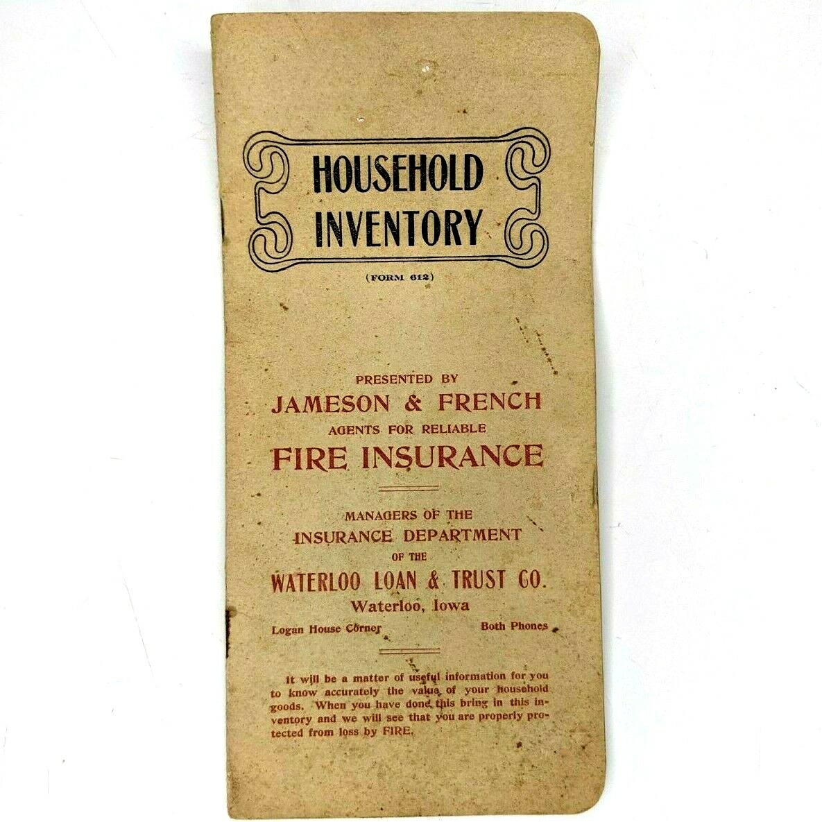 c1900s Waterloo, Iowa Household Inventory Fire Insurance Booklet Loan & Trust 1U
