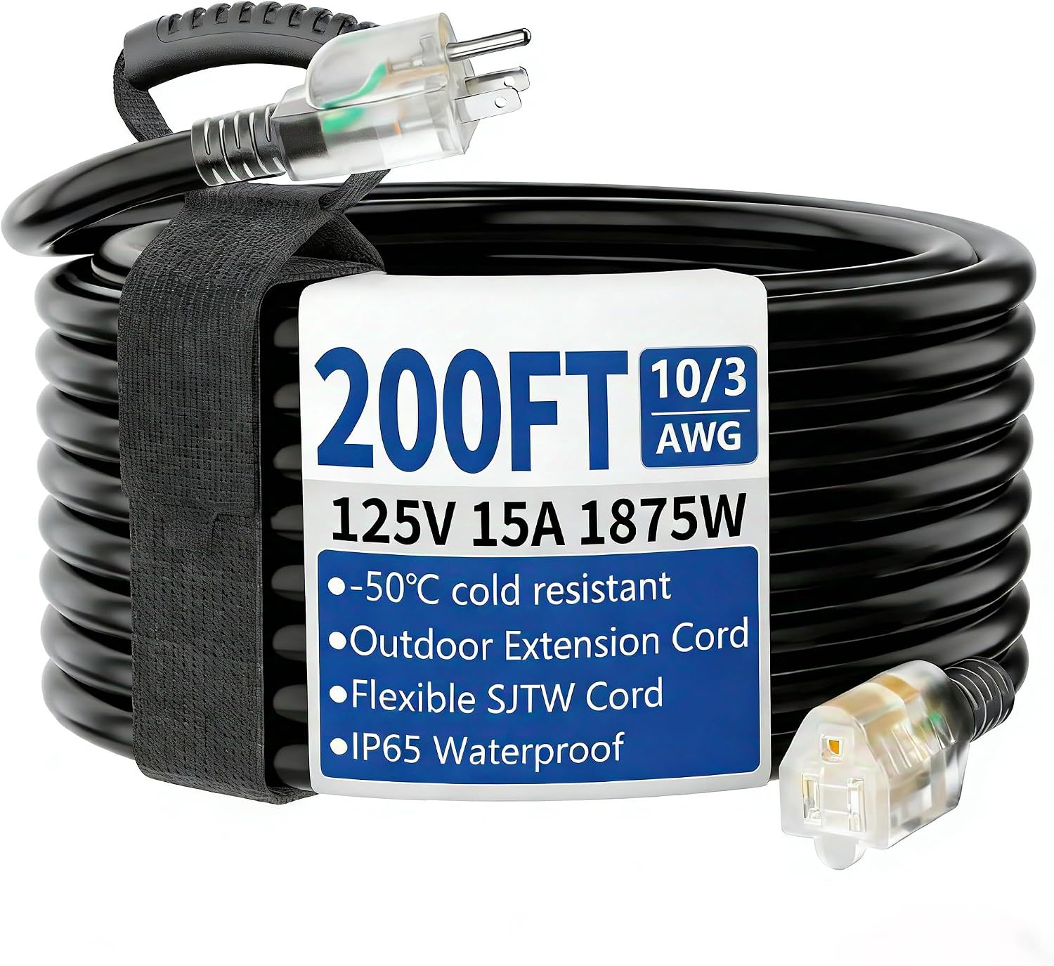 200Ft Outdoor/Indoor Extension Cord with Lighted 10 Gauge, Black