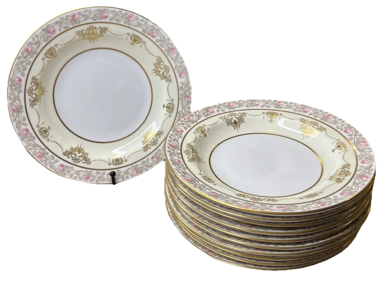 11 Lenox Monogrammed Gold Encrusted Rose Floral Antique Set 11 Flat Soup Bowls