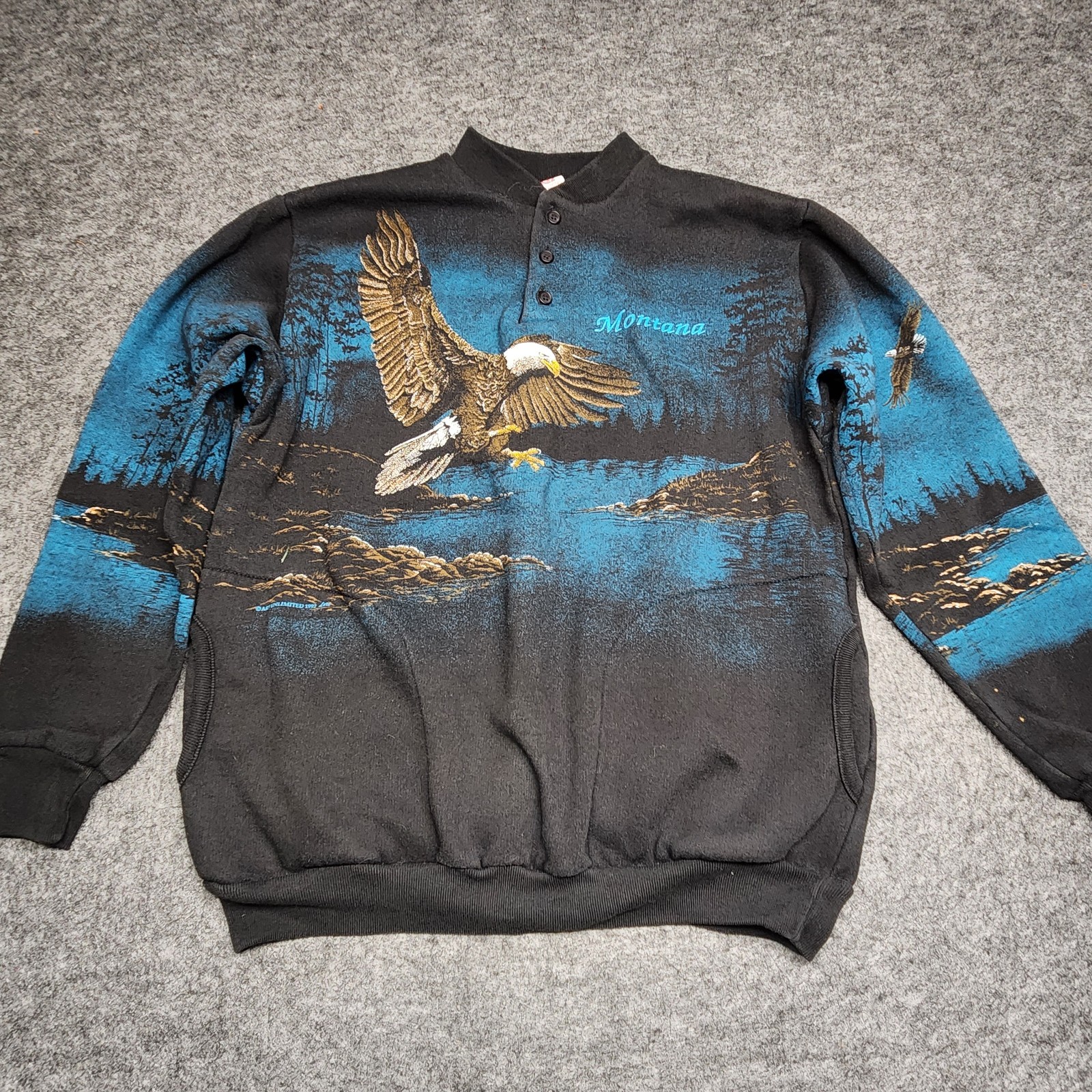 Art Unlimited VTG Henley Sweatshirt Montana State Bald Eagle Double Sided Medium Art Unlimited VTG Henley Sweatshirt Montana State Bald Eagle Double Sided Medium