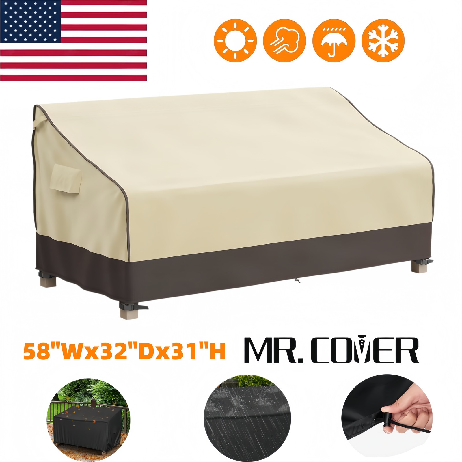 MR.COVER Loveseat Cover Waterproof 2 Seater Patio Couch Heavy Duty Brown Khaki