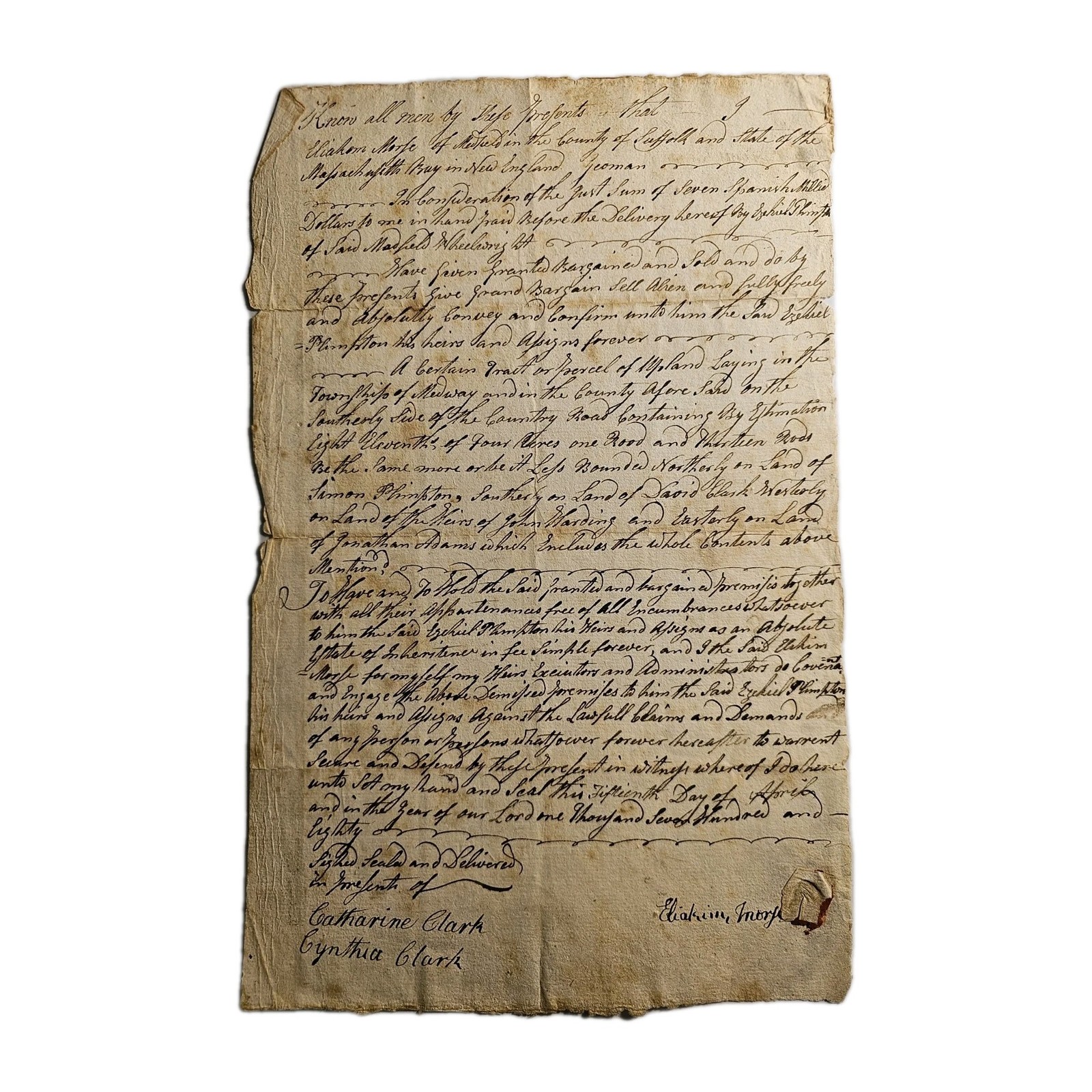 1780 Medfield MA Deed Capt Ezekiel Plimpton Morse Spanish Dollars 11½ Acres