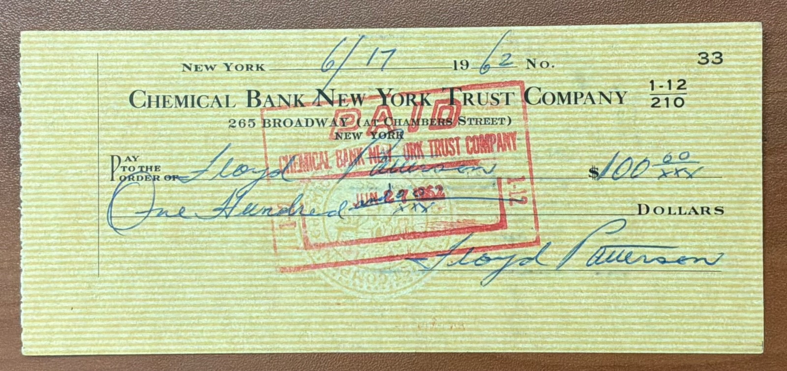 Floyd Patterson Signed RARE Vintage 1962 Check 3 Months Before Liston Fight # 1 Floyd Patterson Signed RARE Vintage 1962 Check 3 Months Before Liston Fight # 1