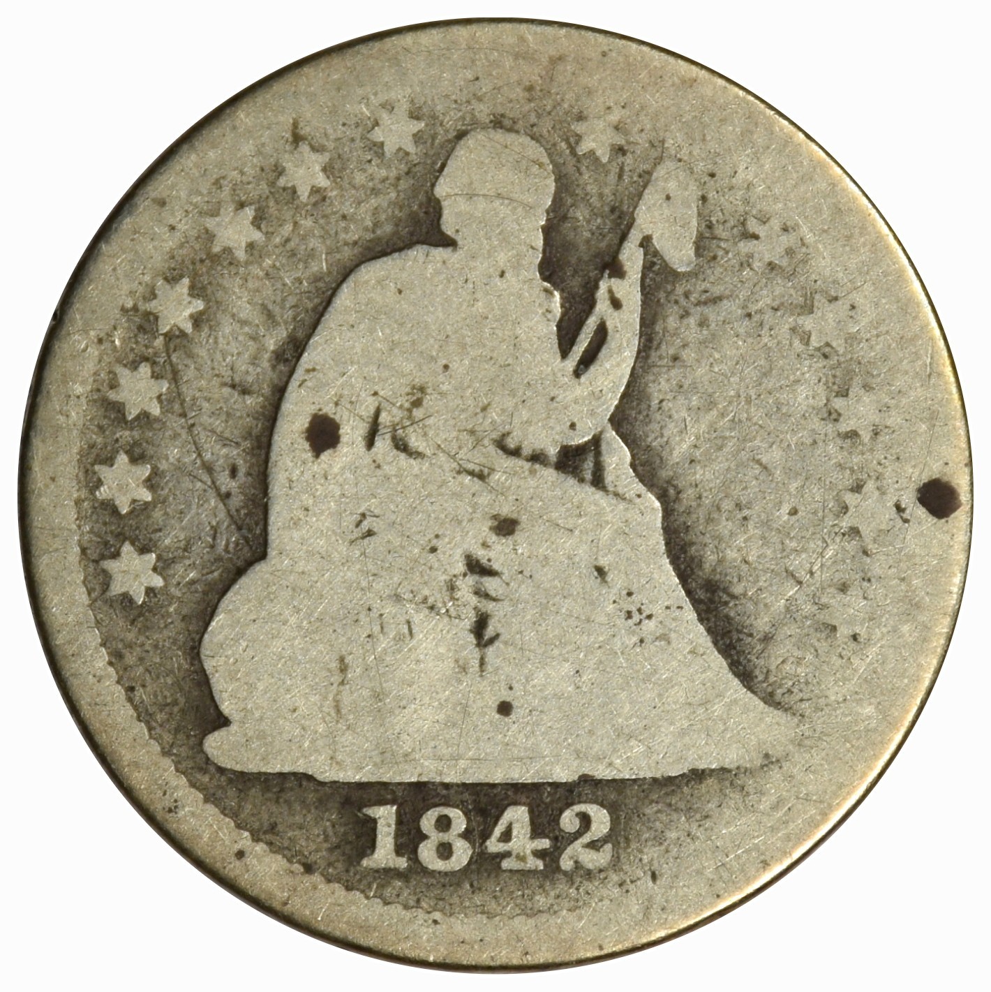 1842 SEATED LIBERTY QUARTER ~ NICE AG ~ LARGE DATE