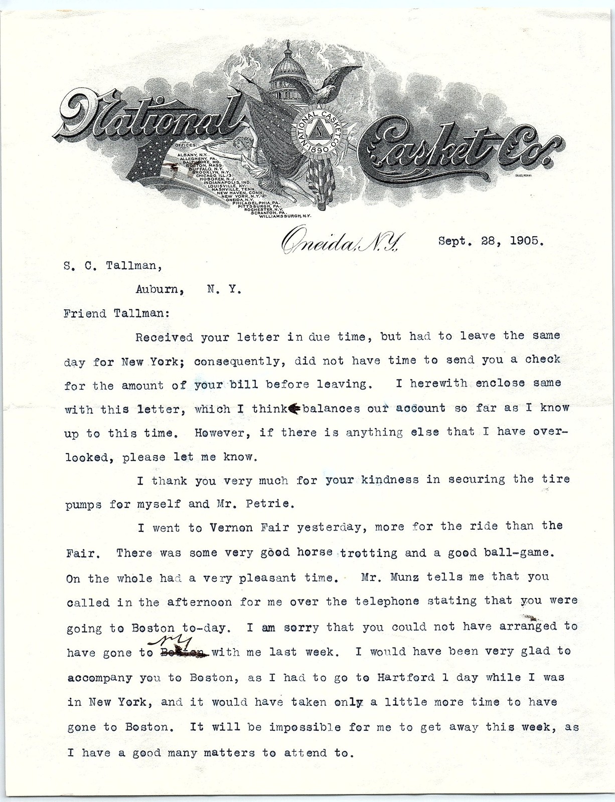 1905 National Casket Co. letterhead, NY - Business letter