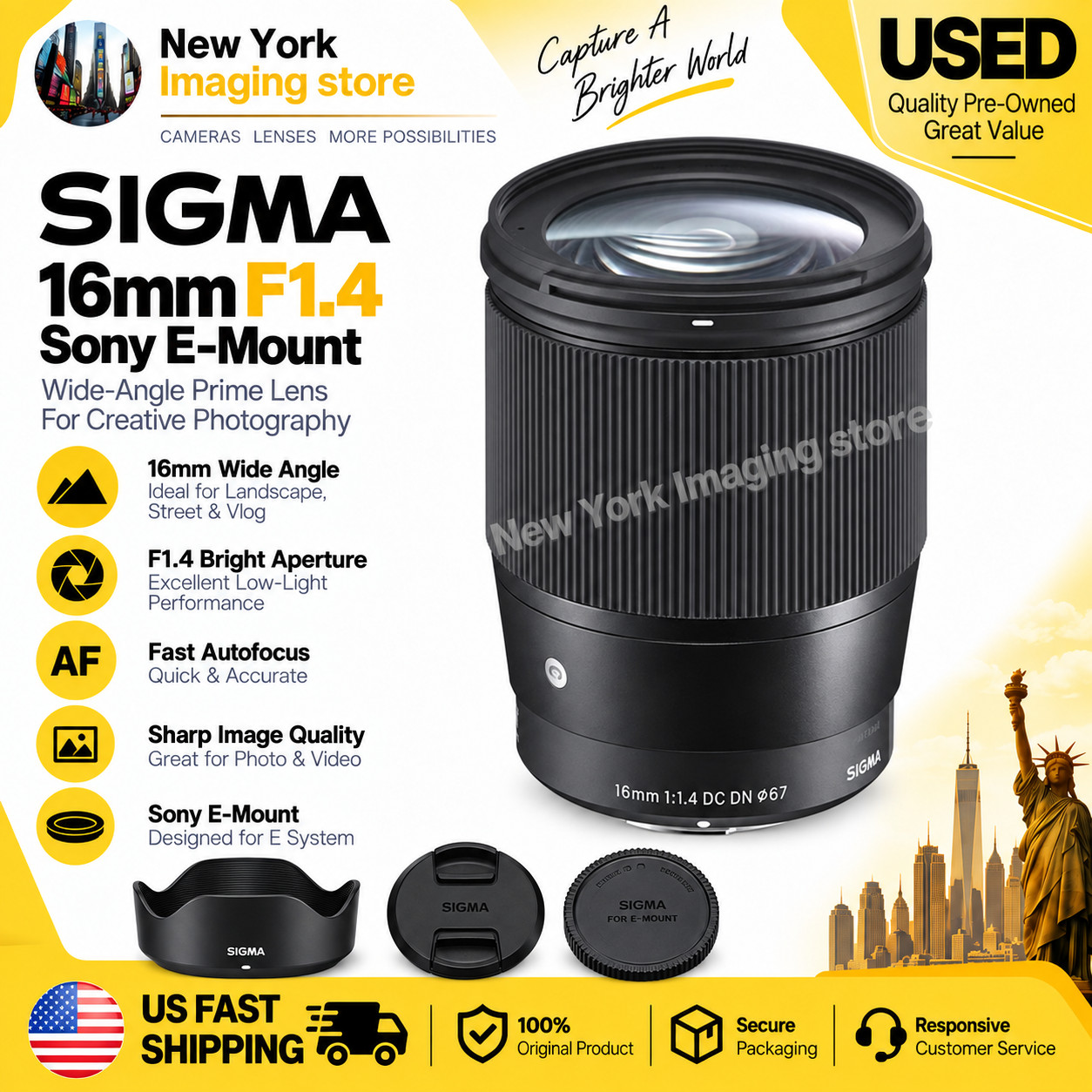 Sigma 16mm f/1.4 DC DN Contemporary Prime Lens with Lens Hood for Sony E