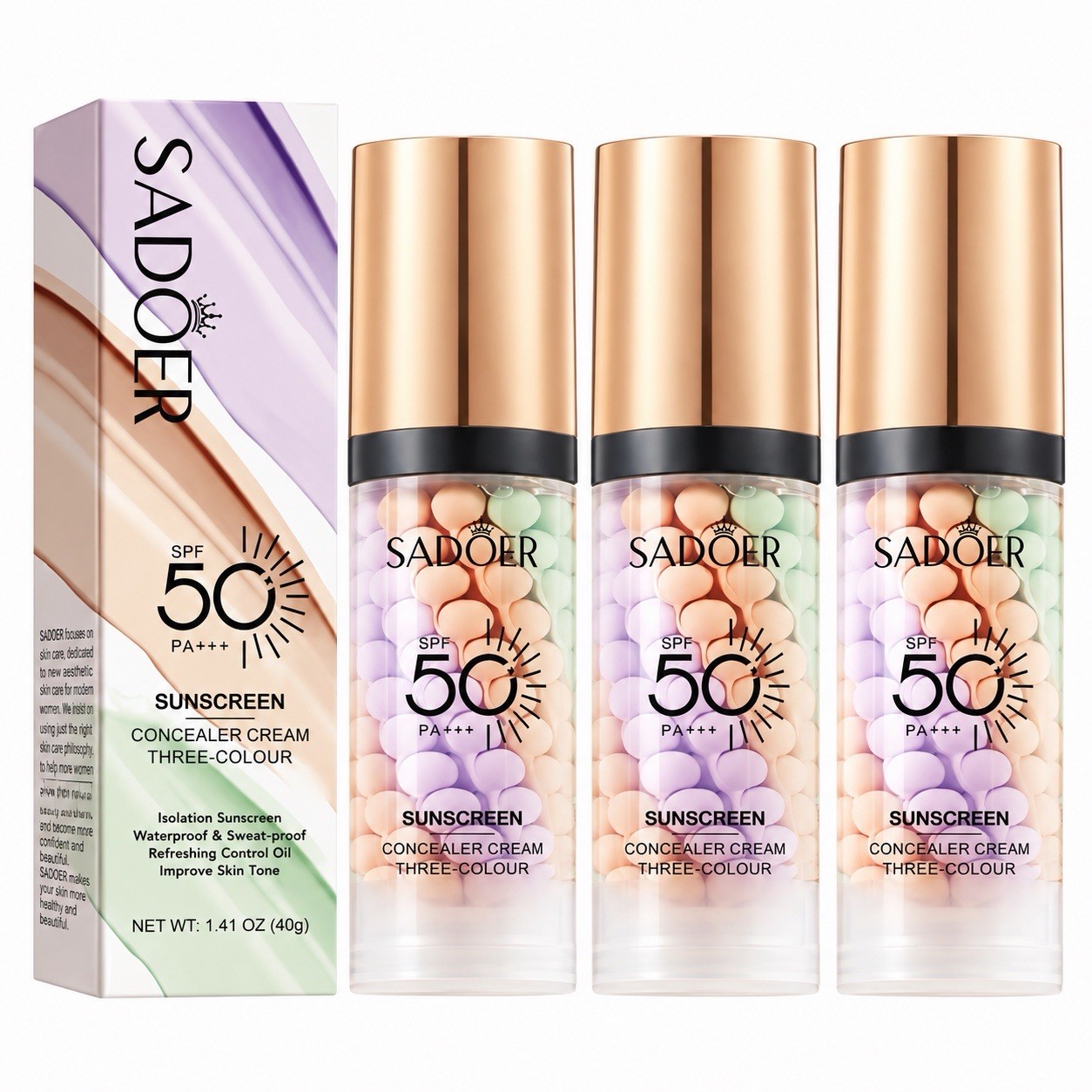 3 Pack SADOER SPF 50 Color Correcting Primer Sunscreen Concealer Cream 40g