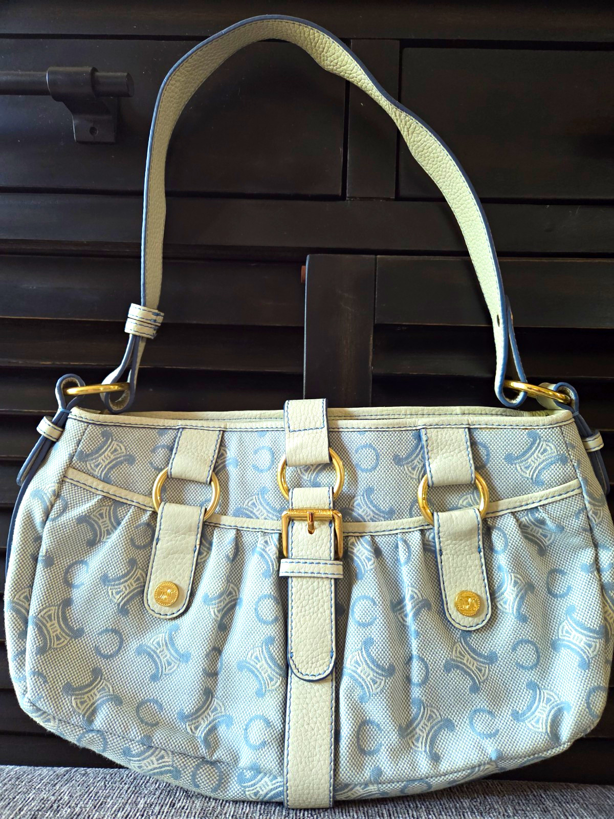 AUTHENTIC CELINE C Macadam Monogram Canvas Bag Light Blue COA