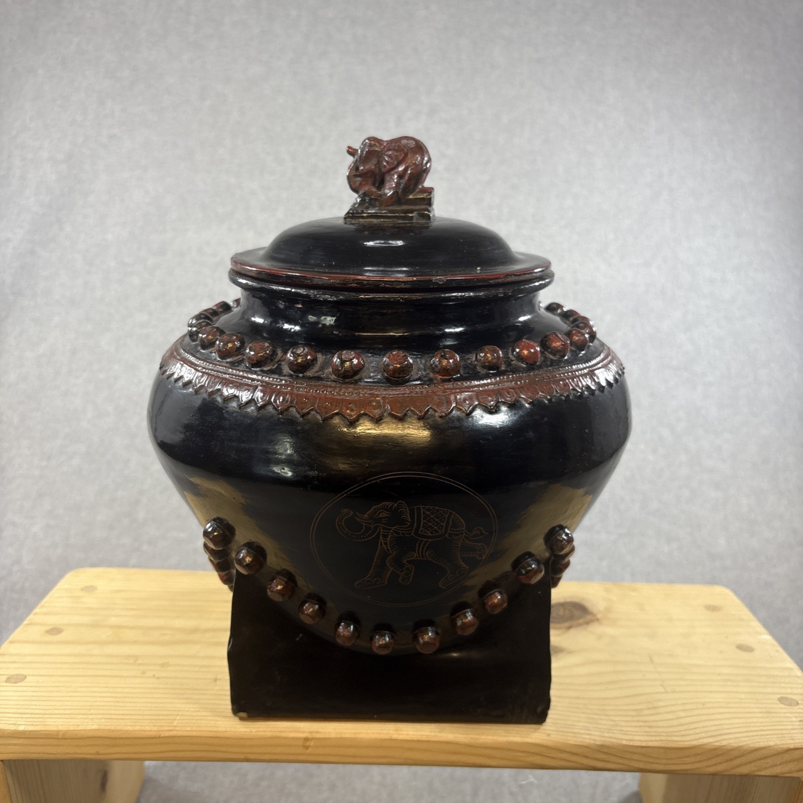 Vintage Burmese Black Lacquer Lidded Urn Vase with Elephant Finial Vintage Burmese Black Lacquer Lidded Urn Vase with Elephant Finial