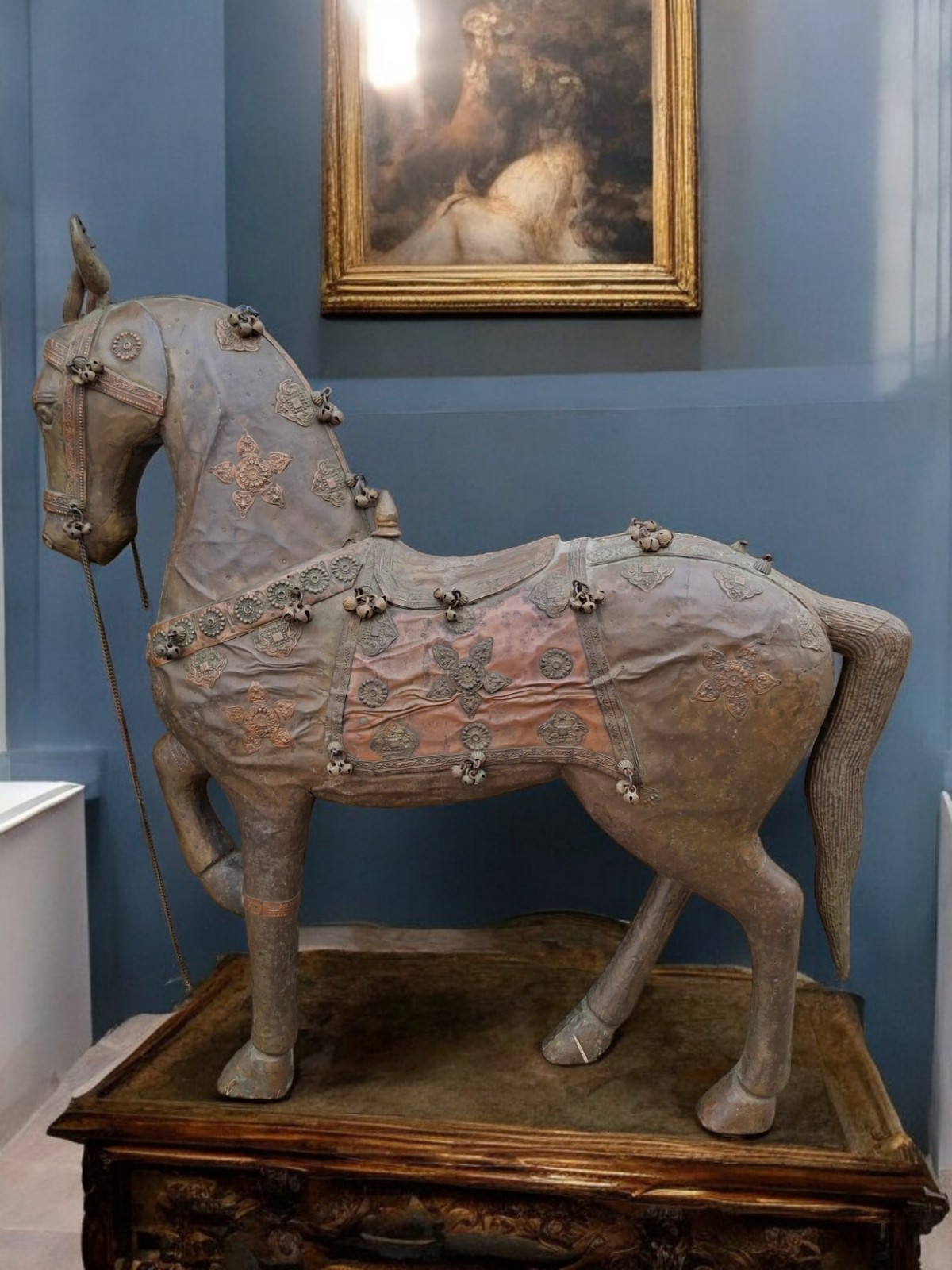 Antique Important Large Scale Brass & Copper Clad Carved Wood Marwari War Horse